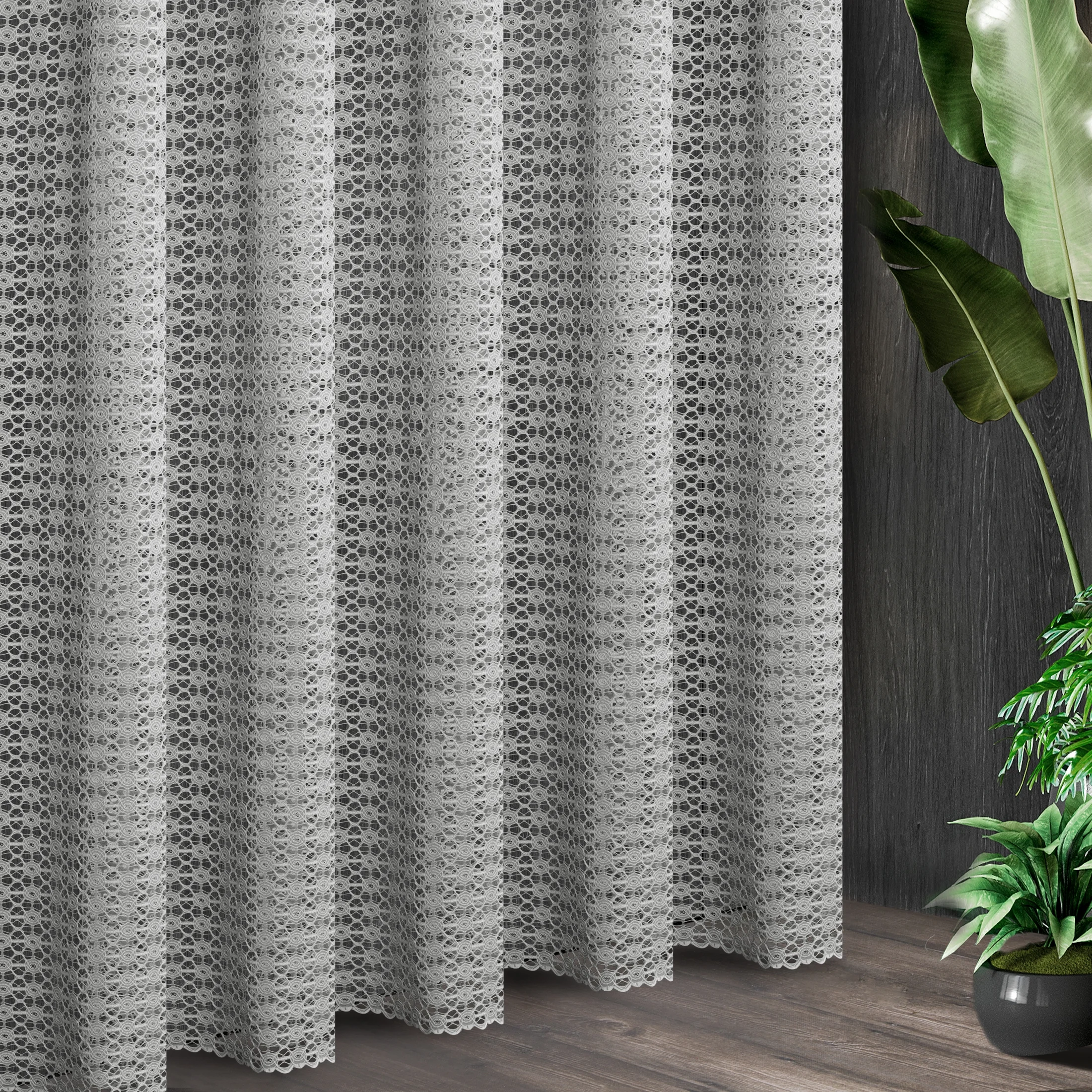 Tkanina firanowa o strukturze ażurowej koronki