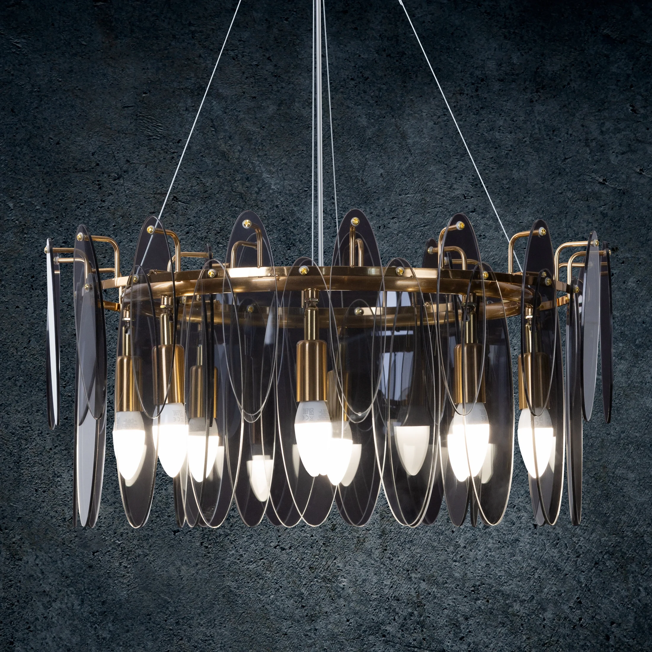 Lampa wisząca do salonu transparentno, grafitowa MARLA ze szklanymi zawieszkami z dymionego szkła, z regulacją wysokości