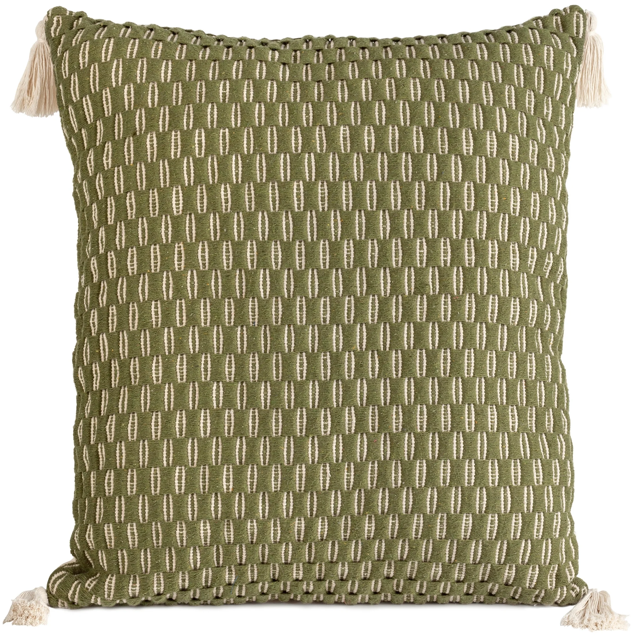 Poszewka na poduszkę 60x60 cm bawełniana zdobiona chwostami na rogach oliwkowa MONTENEGRO Terra Collection | eurofirany