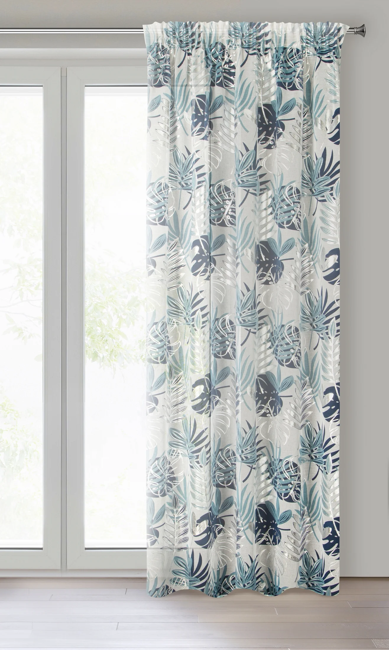 Dekoracja okienna biało, granatowa z motywem botanicznym i błyszczącym nadrukiem 140x270 taśma MALTA