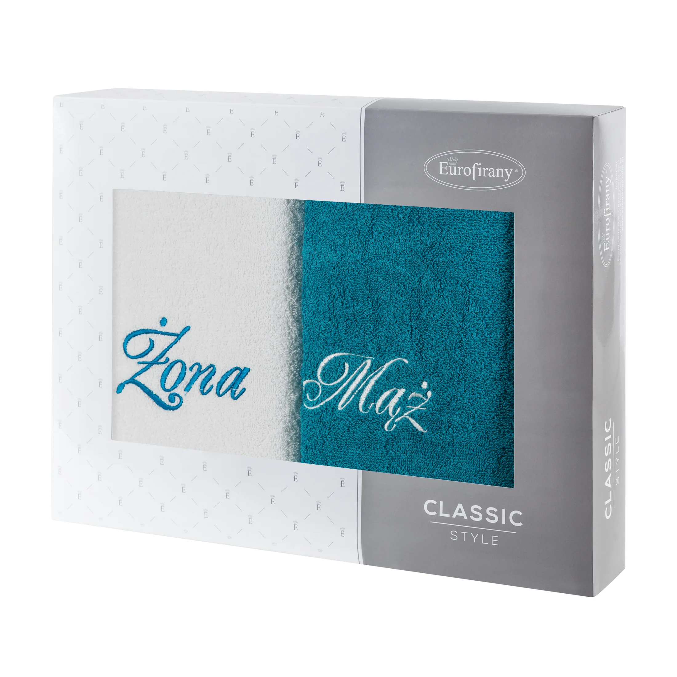 Zestaw ręczników bawełnianych na prezent 2 szt 70x140 cm z haftem Żona i Mąż kolor biały,turkusowy 400 g/m2