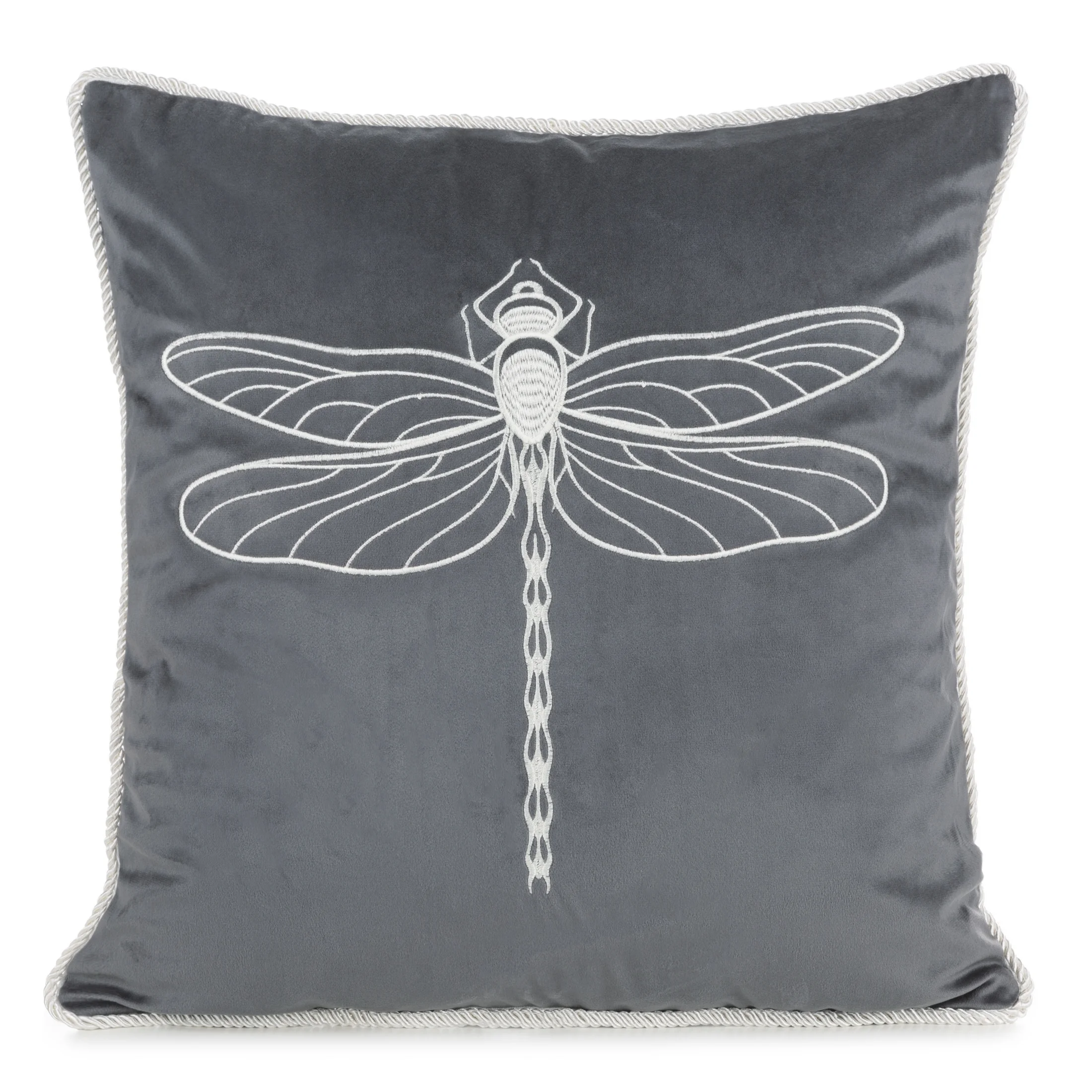Poszewka na poduszkę 45x45 cm welwetowa, grafitowo srebrna z haftem ważki oraz ozdobnym sznurem | eurofirany