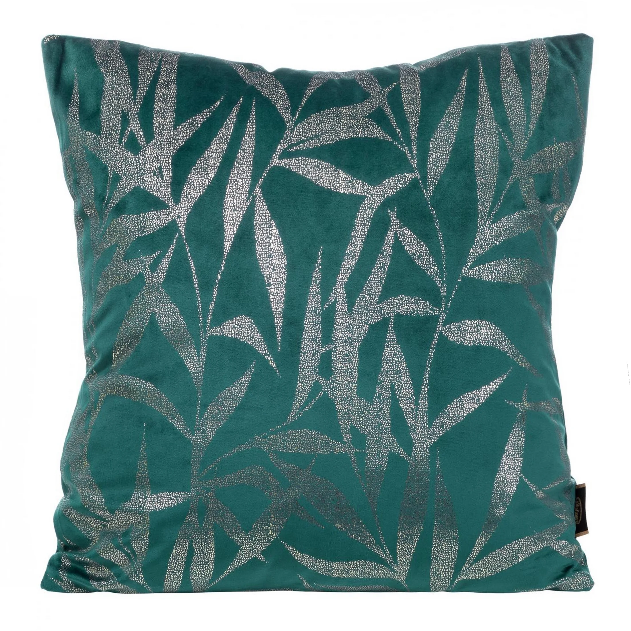 Poszewka na poduszkę 45x45 cm welwetowa kolor ciemnoturkusowy ze złocistym nadrukiem liści BLINK 22 | eurofirany