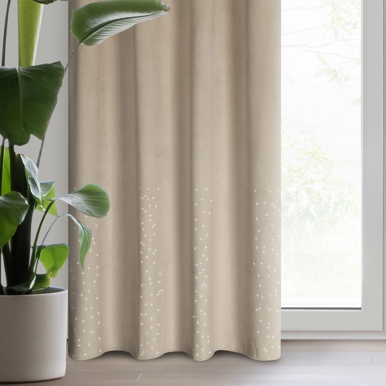 Zasłona welwetowa beżowa z kryształkami 140x250 cm przelotka - ARIADNA | eurofirany