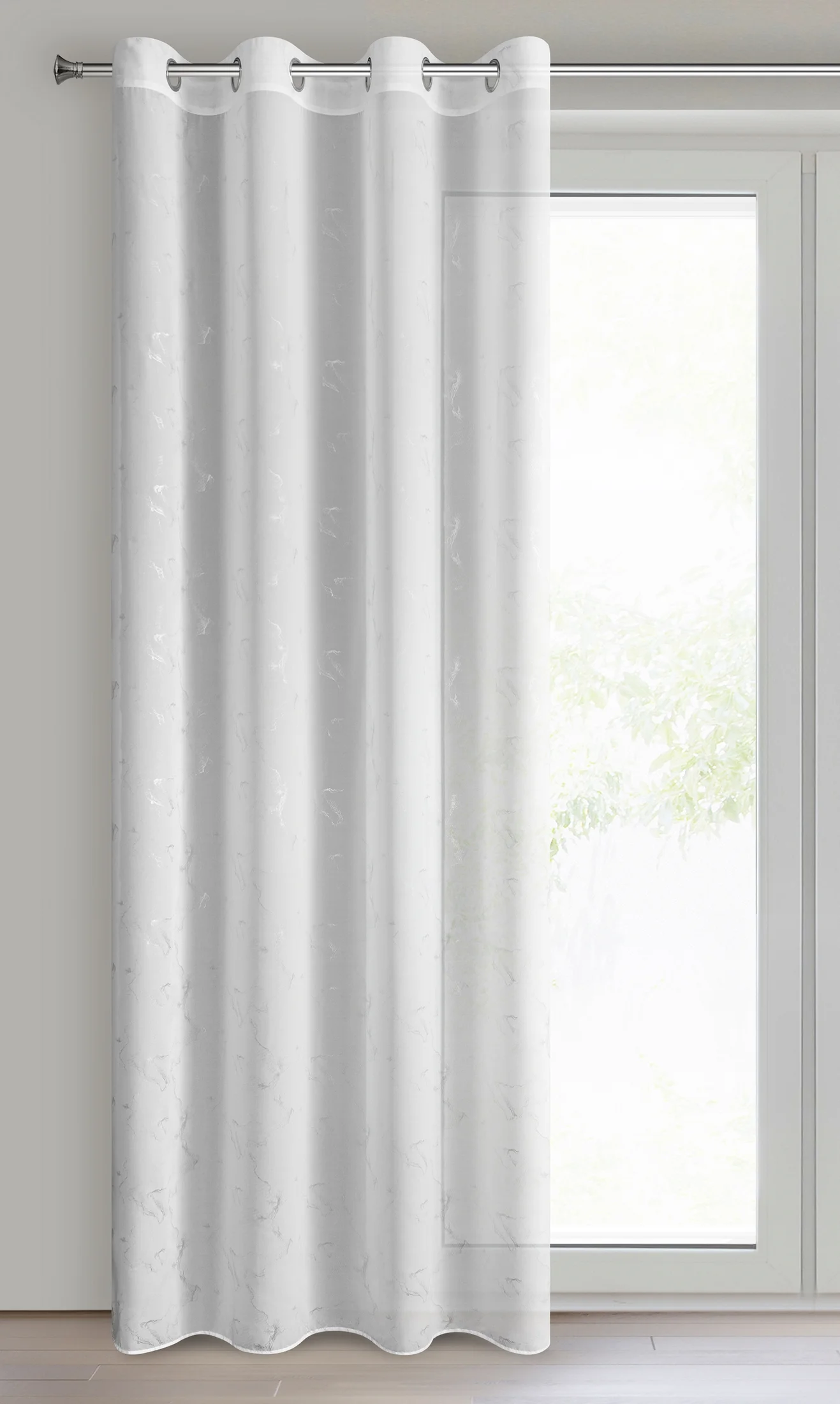 Firana biało, srebrzysta z etaminy z marmurkowym wzorem 140x270 cm przelotka Iva