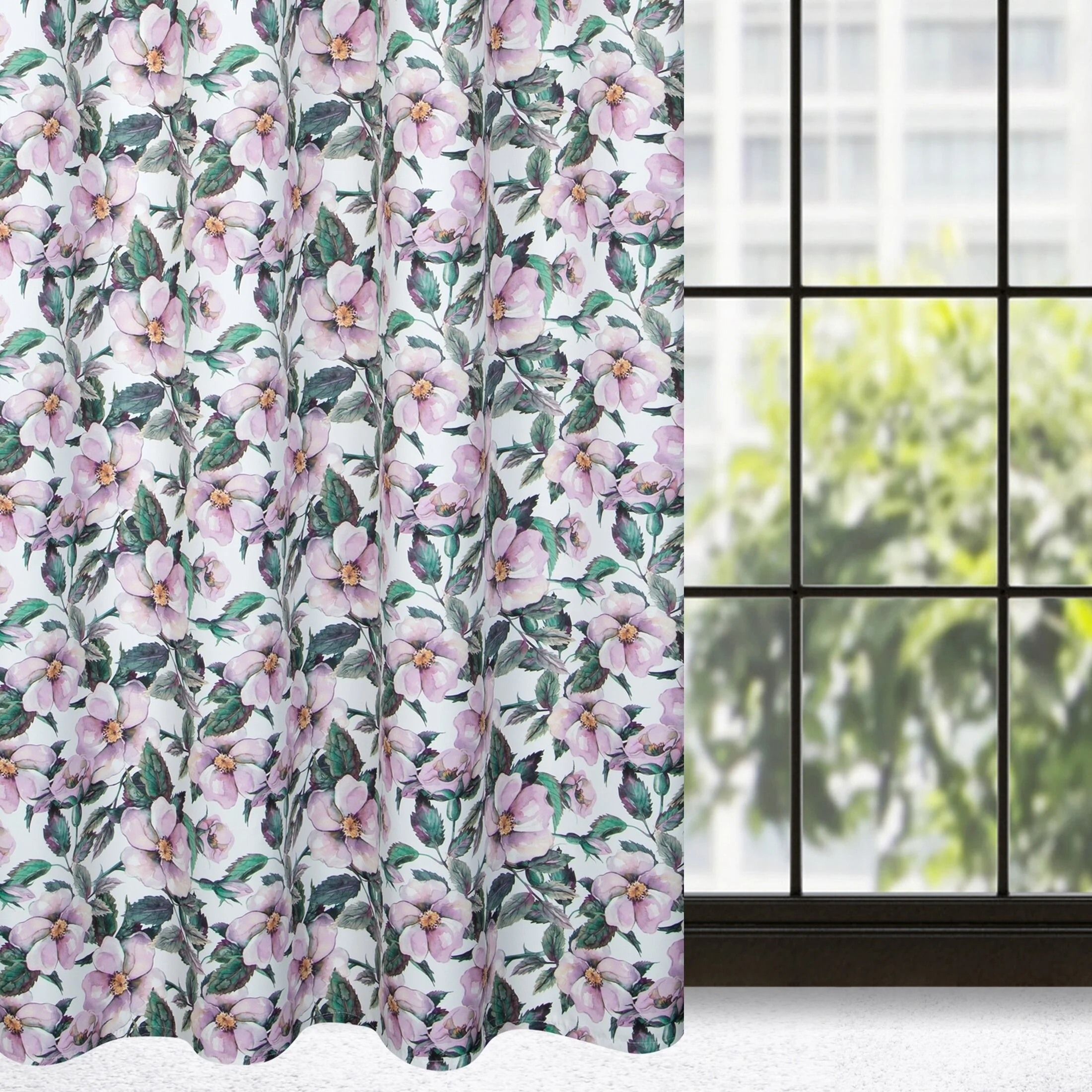 Zasłona biało, fioletowa z motywem kwiatowym, zaciemniająca 140x250 cm przelotka - SIMONA | eurofirany