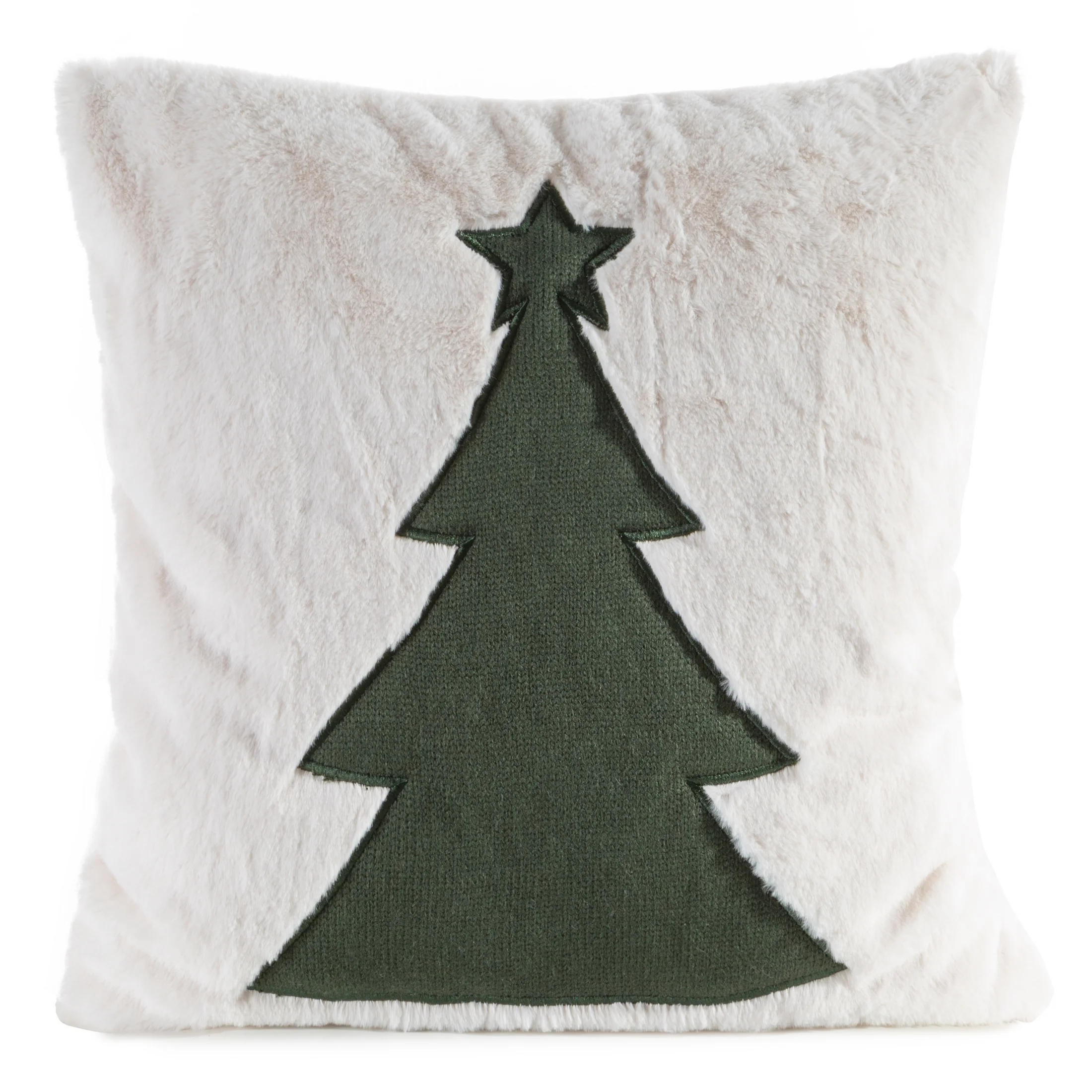 Poszewka na poduszkę 45x45 cm świąteczna z futerka kremowo zielona zdobiona aplikacją choinki FELIKS1 |