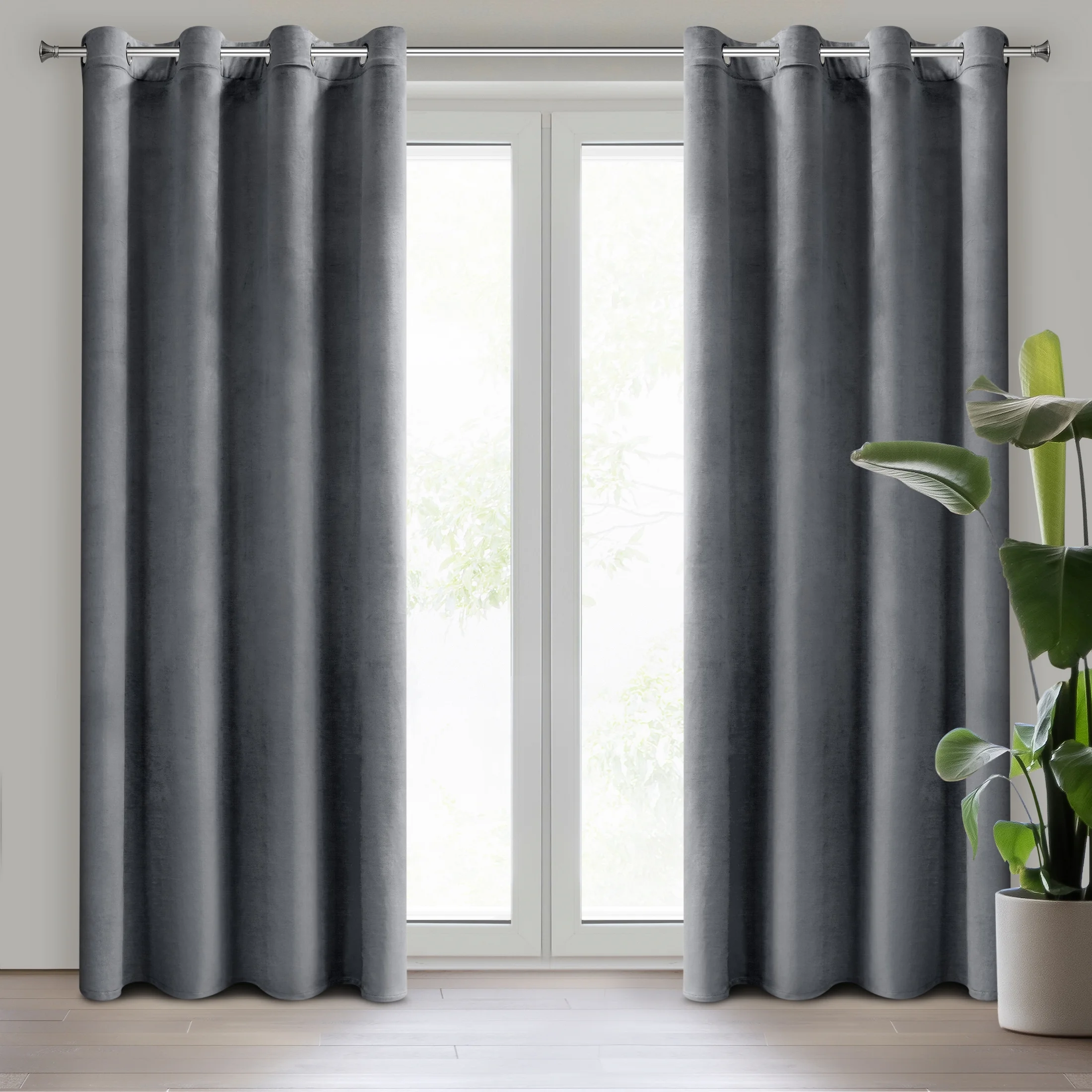 Komplet 2 szt. zasłon grafitowych z welwetowej tkaniny 140x250 cm przelotki - DARLA | eurofirany