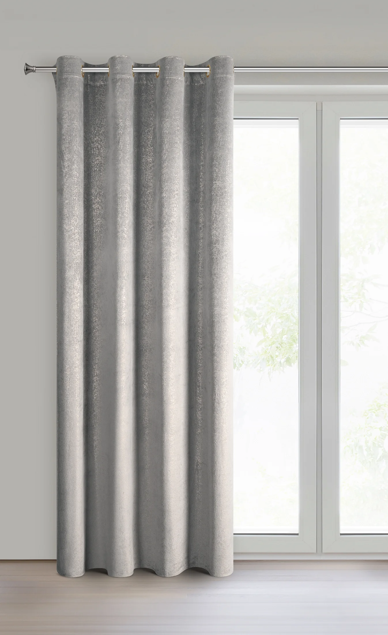 Zasłona srebrno, złota z welwetu zdobiona błyszczącym nadrukiem 135x250 cm złote przelotki - BETHY