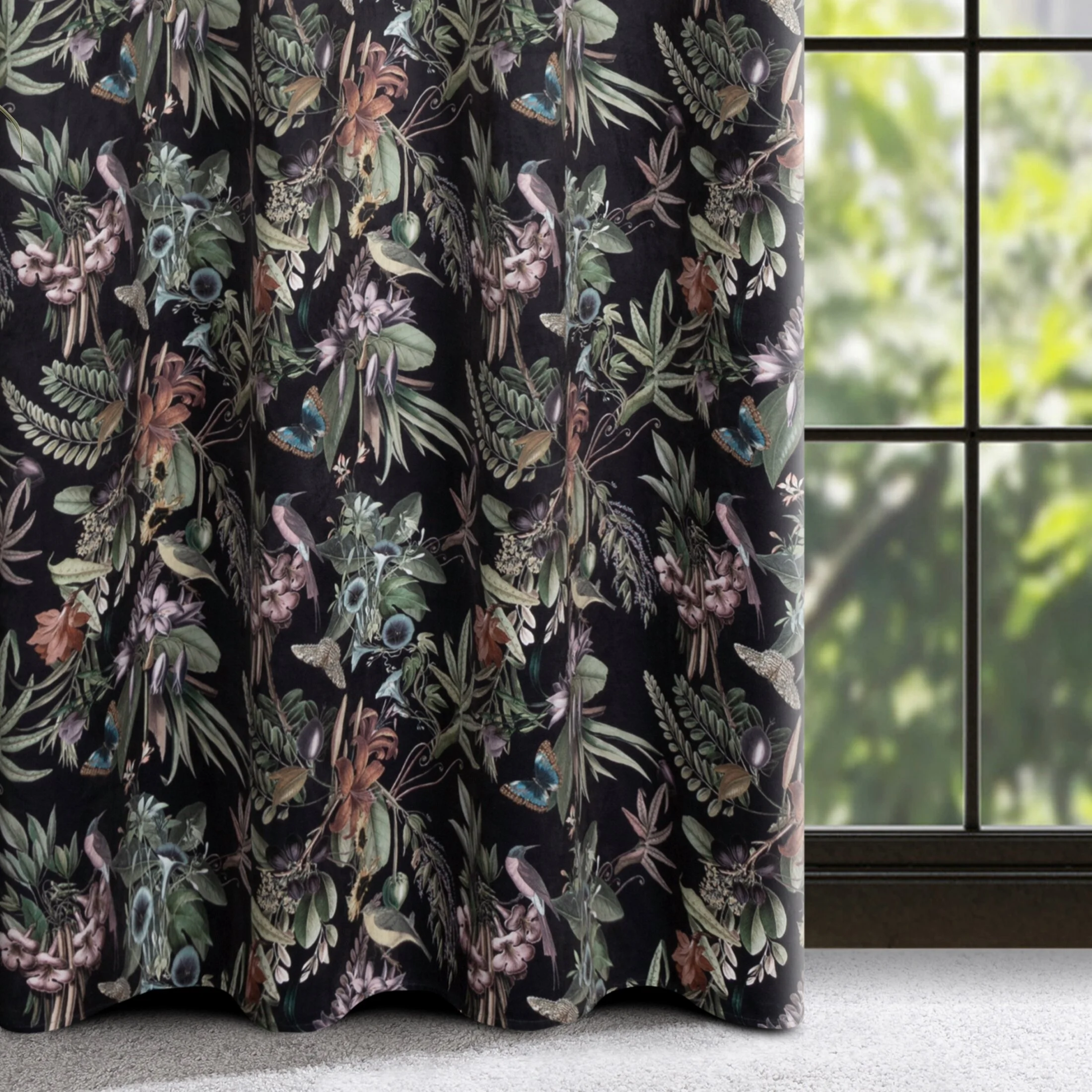 Zasłona welwetowa czarno, zielona ze wzorem roślinnym 140x250 cm przelotka - BECKY | eurofirany