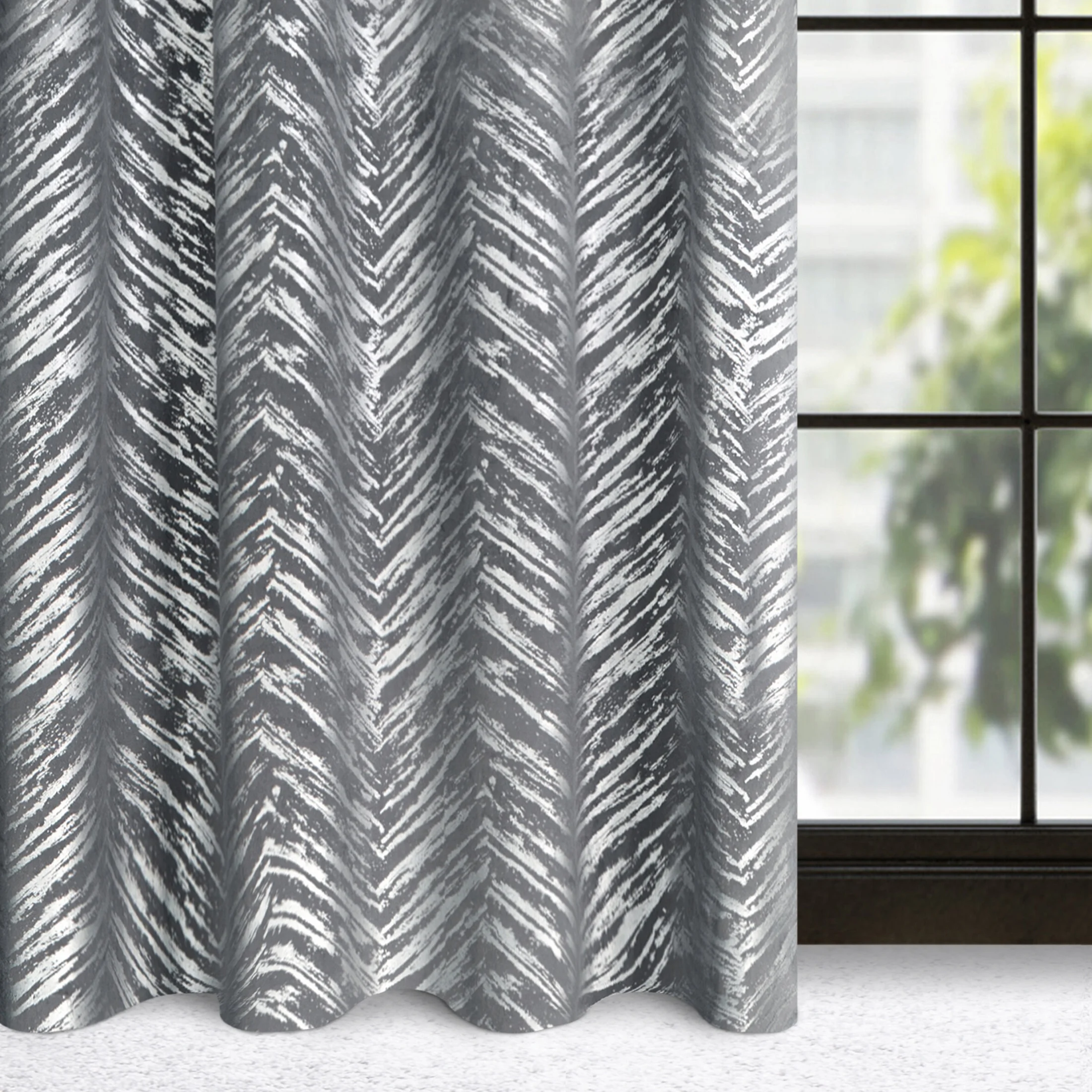 Zasłona stalowa z błyszczącym złotym nadrukiem z welwetu 140x250 cm przelotka SARA | eurofirany