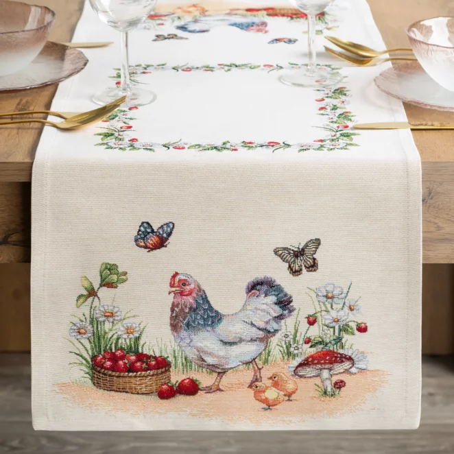 Bieżnik na stół naturalno, zielony 40x100 cm gobelinowy z motywem wiejskim