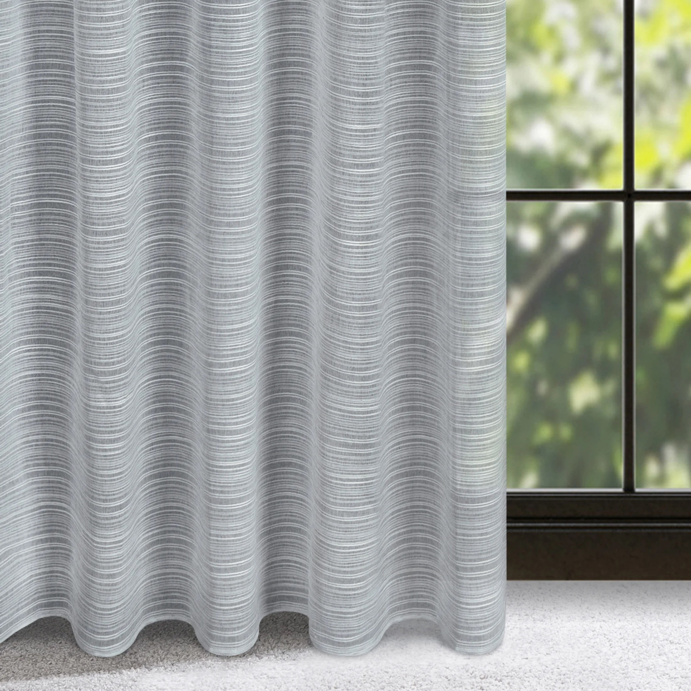Dekoracja okienna szara w poprzeczne prążki z efektem deszczyku, półprzezroczysta 140x300 cm taśma - ARIA | eurofirany