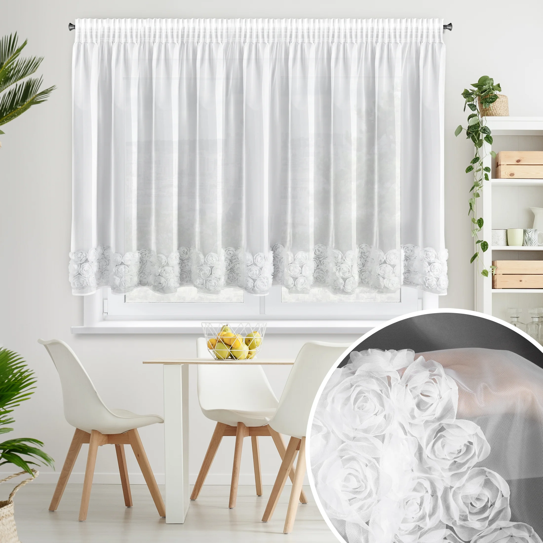 Firana biała z siateczki zdobiona aplikacją 3D w róże 350x160 cm taśma - ROSES3 - Eva Minge | eurofirany