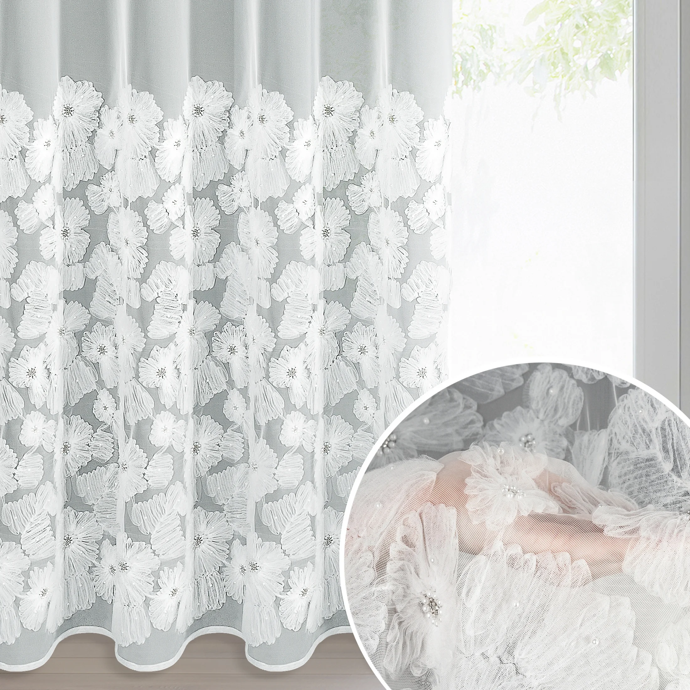 Firana biała z siateczki zdobiona kwiatami z dodatkiem drobnych perełek 3D 140x250 cm przelotka - JASMIN 2 Eva Minge | eurofirany