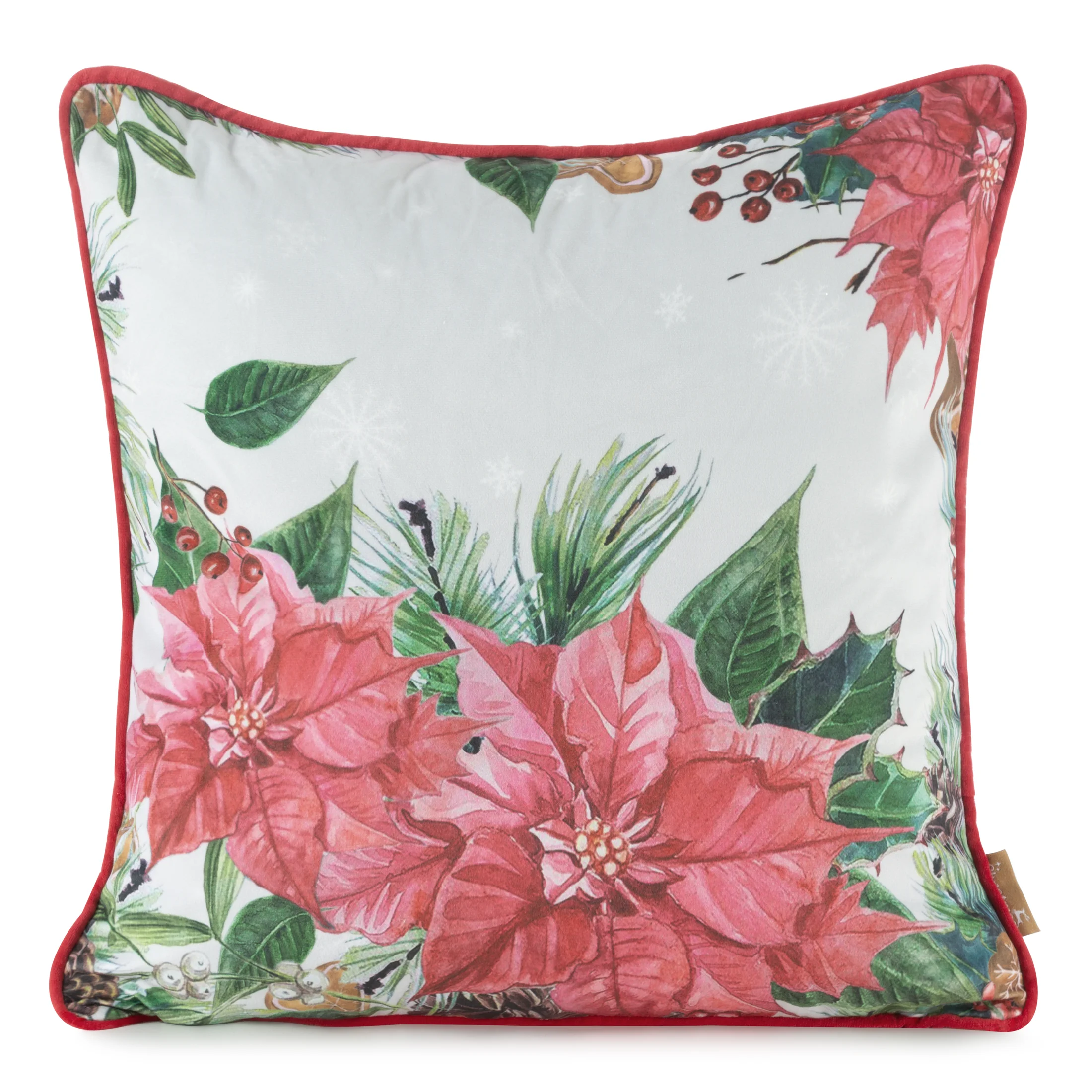 Poszewka na poduszkę 45x45 cm welwetowa, różowo kremowa z motywem gwiazdy betlejemskiej JINGLE 37 | eurofirany