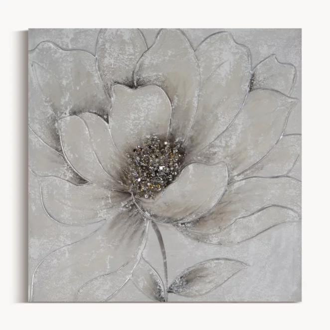 Obraz roślinny szaro, srebrzysty ręcznie malowany na płótnie kwiat z dodatkami cyrkonii 50x50 cm FLOWERY 2