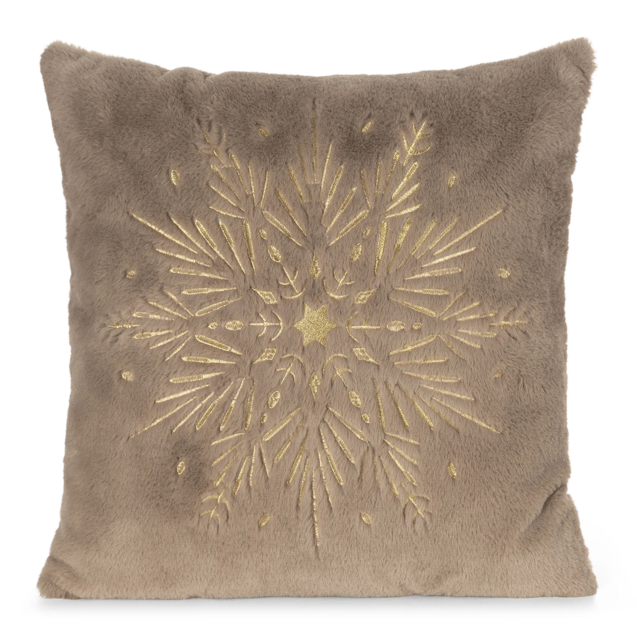 Poszewka na poduszkę świąteczna 45x45 cm jasnorązowo, szampańska z przyjemnego futerka zdobiona haftem śnieżynki | eurofirany