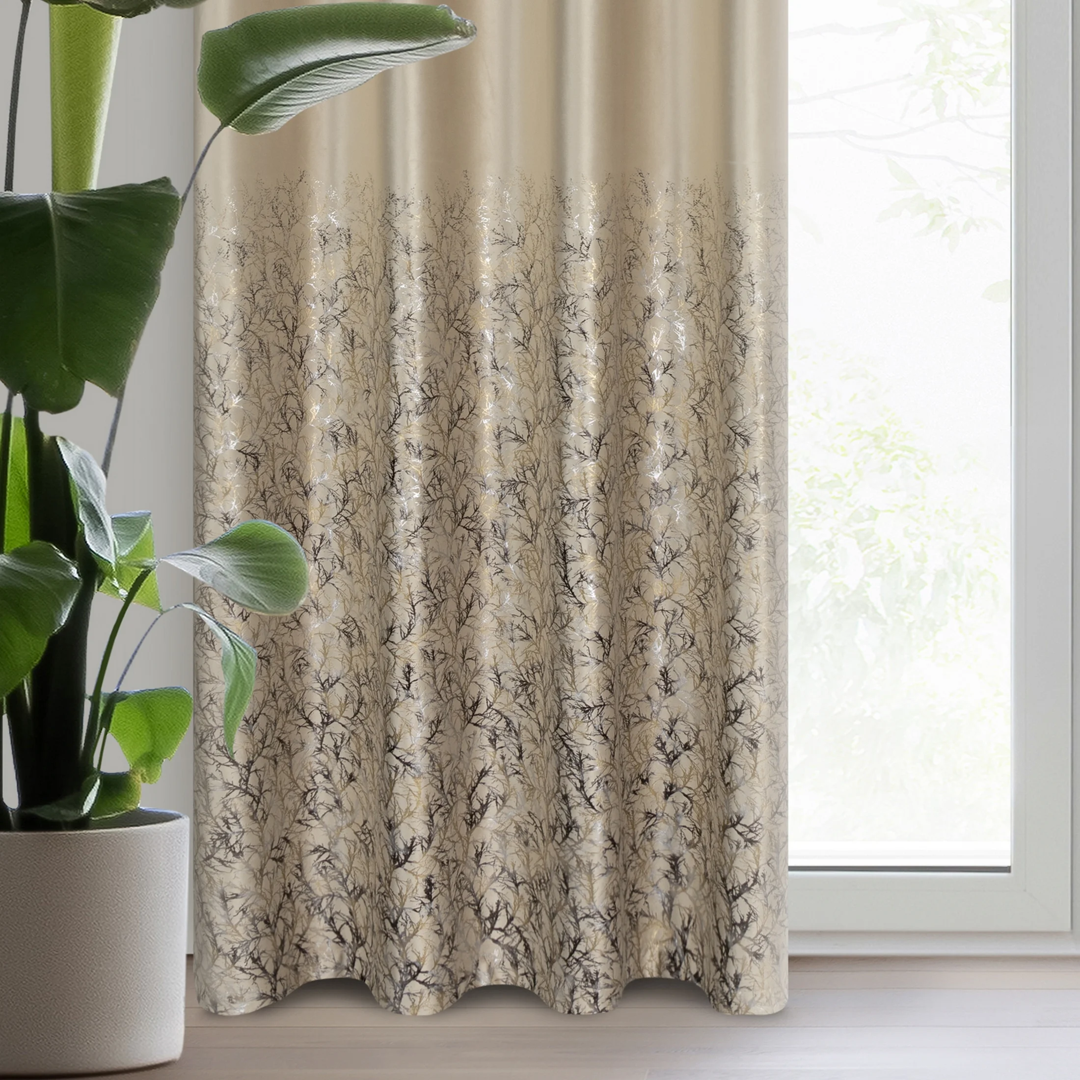 Zasłona welwetowa beżowo, szampańska zdobiona błyszczącym nadrukiem 140x250 cm przelotka - TORI | eurofirany