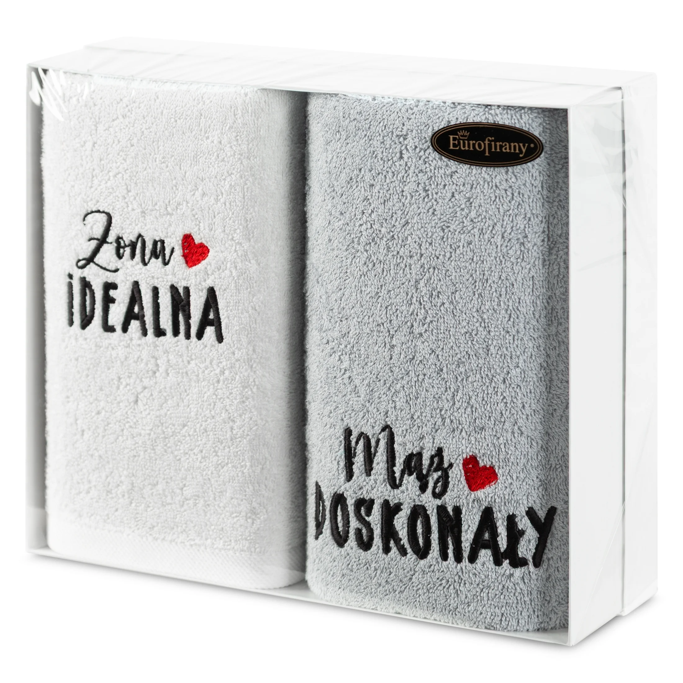 Zestaw ręczników bawełnianych na prezent 2 szt 70x140 cm kolor biały, srebrny z haftem ŻONA MĄŻ