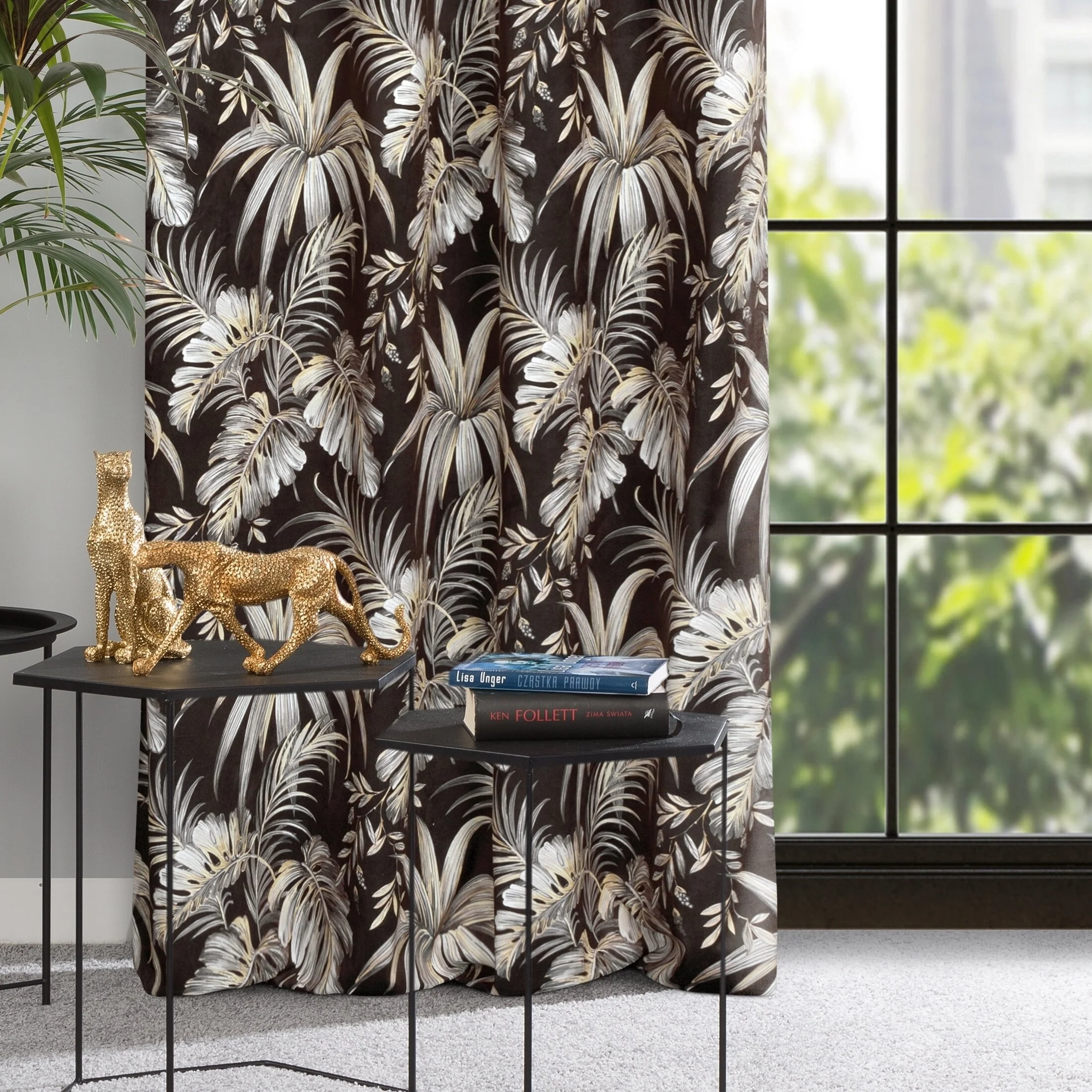 Zasłona welwetowa czarno, beżowa w liście 140x250 cm przelotka - MAGI | eurofirany