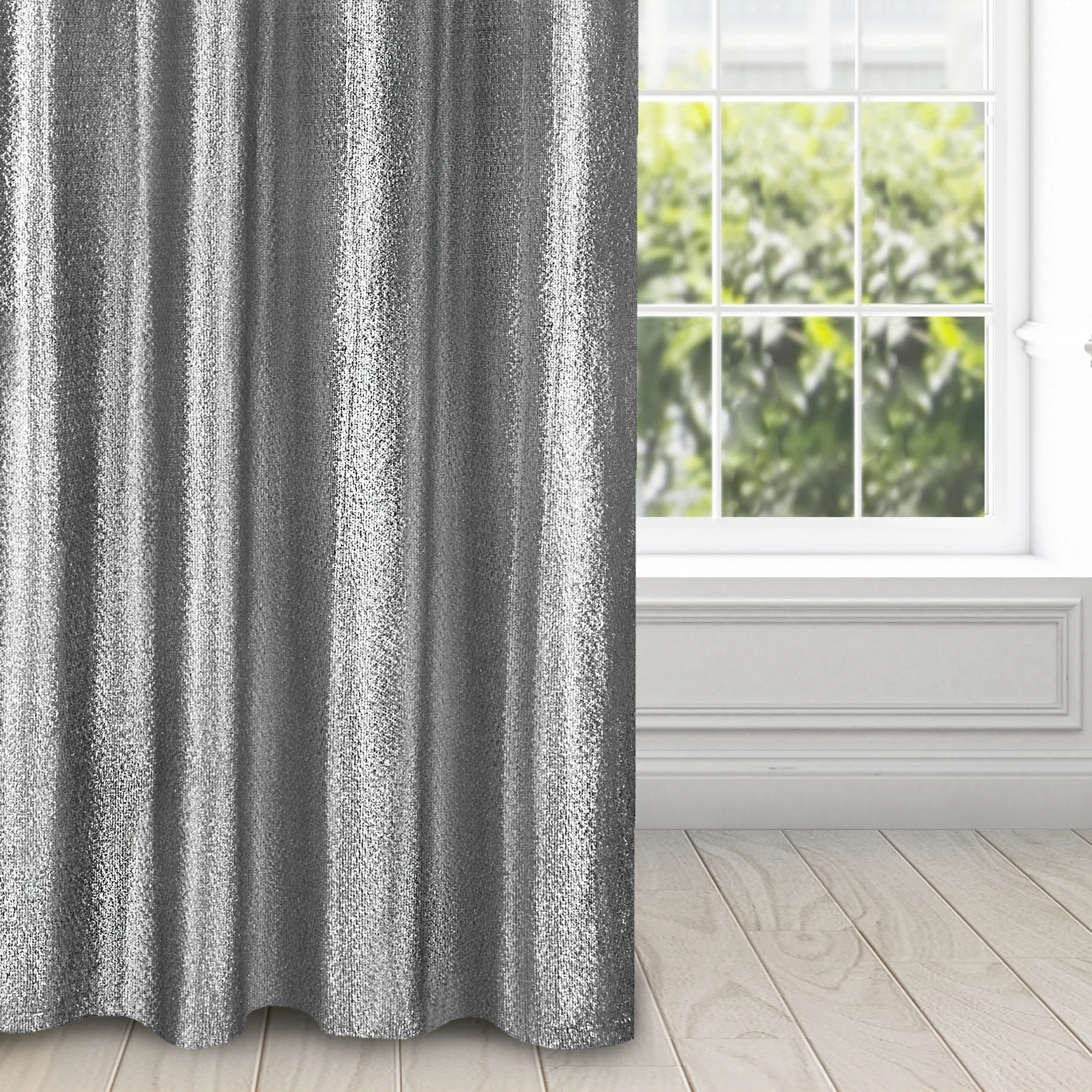 Zasłona czarno, srebrna błyszcząca z żakardu ze srebrnym nadrukiem 140x250 cm przelotka - GLOSSY | eurofirany