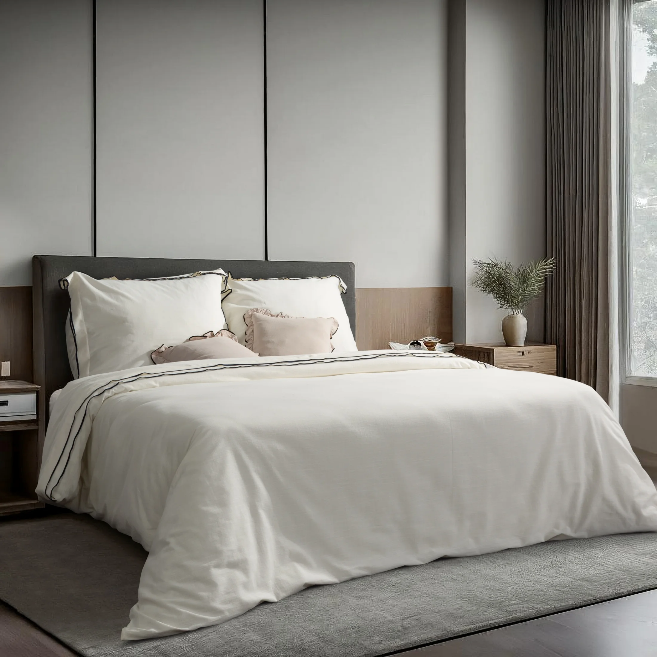 Pościel 220x200 cm z bawełny ranforce kolor kremowy zdobiona kontrastową tasiemką REINA 38A - kolekcja TOLEDO | eurofirany