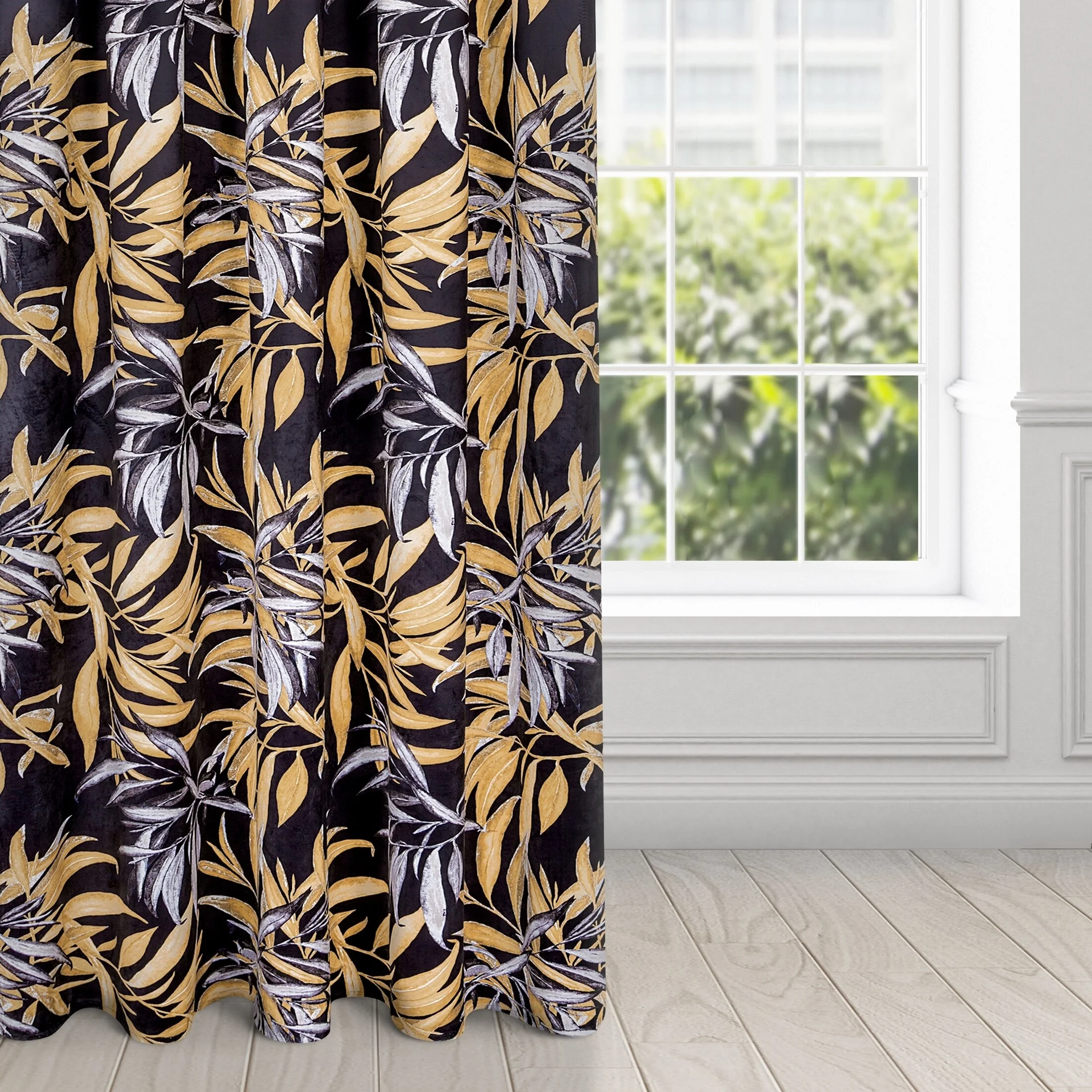 Zasłona welwetowa czarno, beżowa w stylu botanic 140x270 cm taśma - ZOJA - Pierre Cardin | eurofirany