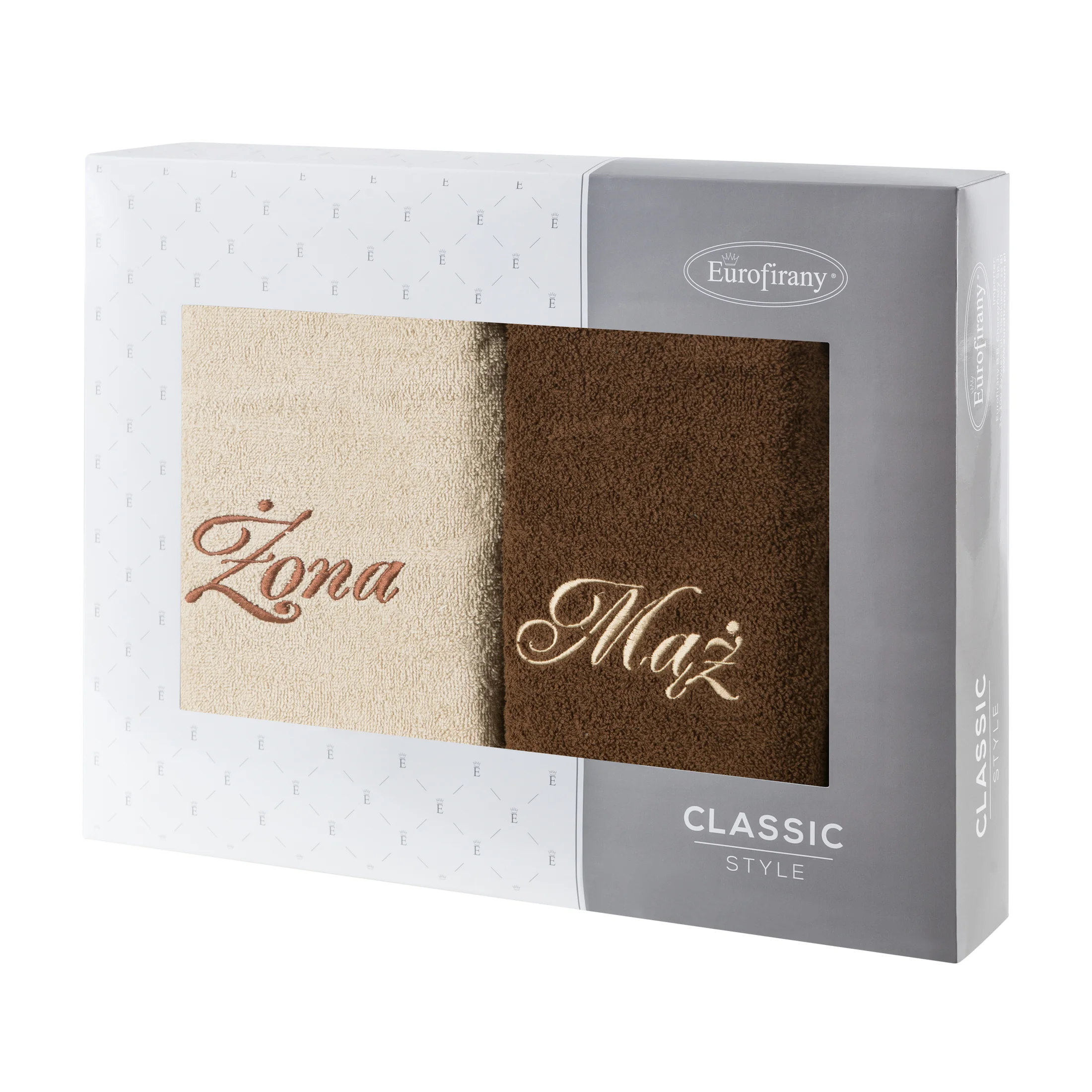 Zestaw ręczników bawełnianych na prezent 2 szt 50x90 cm z haftem Żona i Mąż kolor beżowy,brązowy 400 g/m2