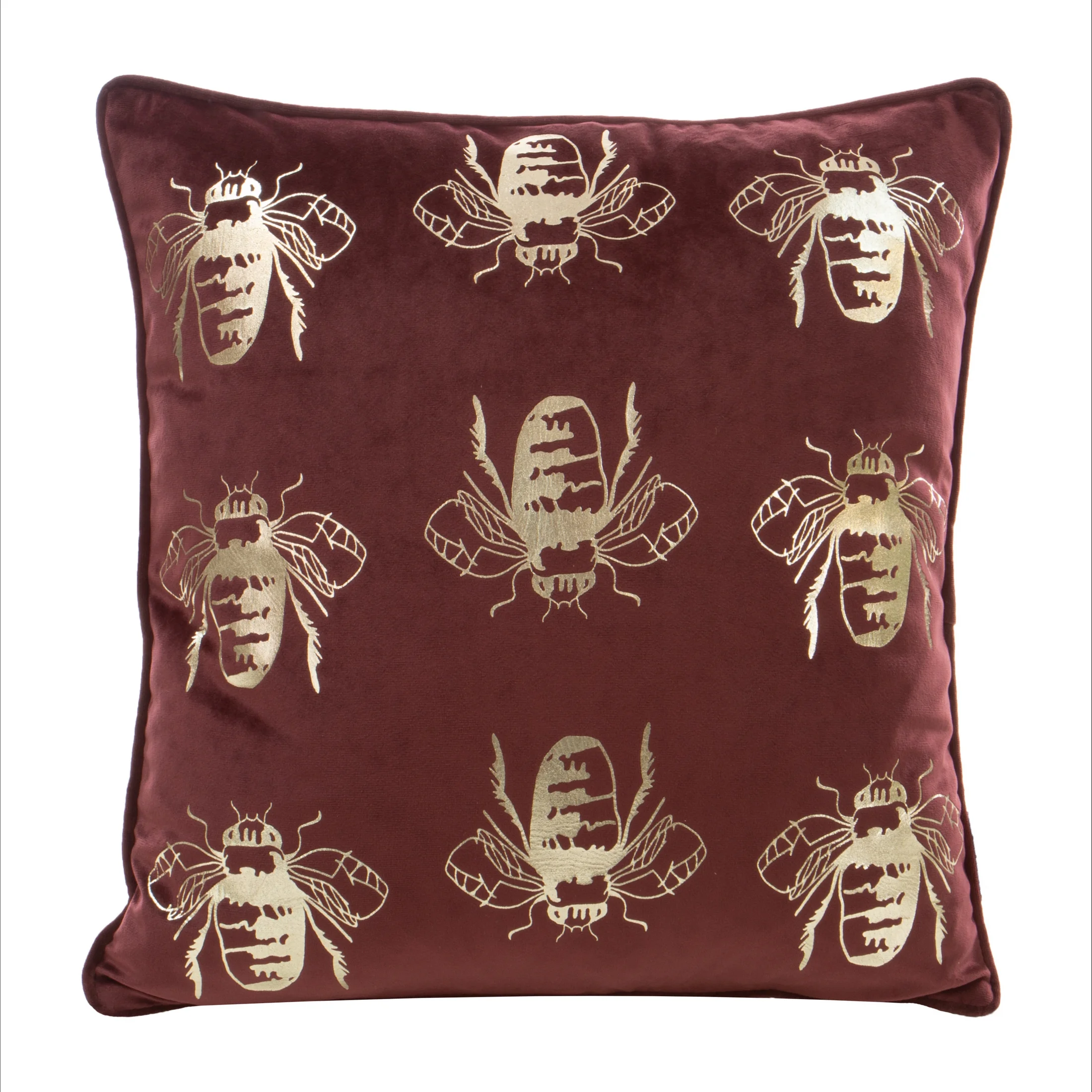 Poszewka na poduszkę 45x45 cm welwetowa kolor ciemnobordowy złocisty z motywem pszczół BILNK | eurofirany