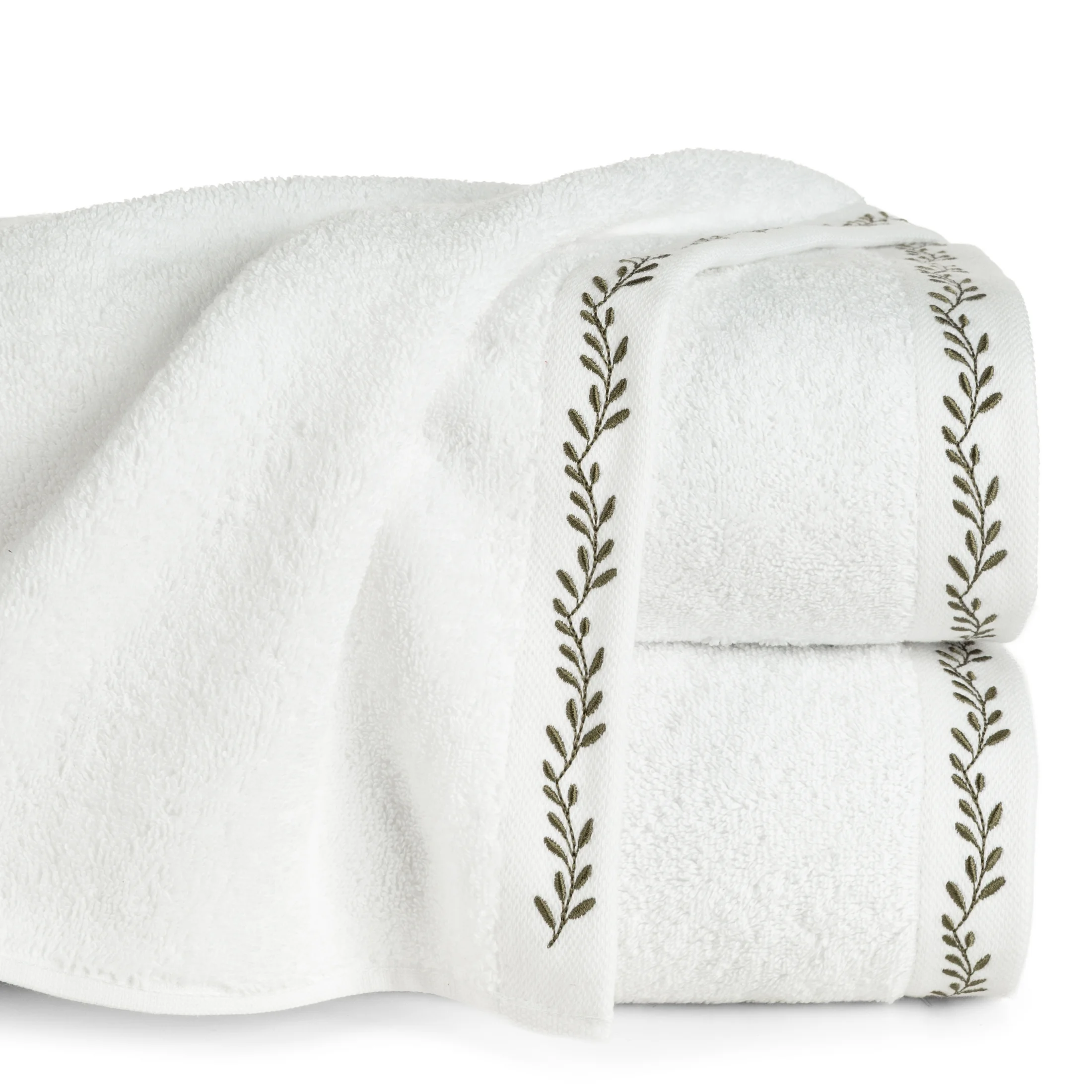 Ręcznik kąpielowy 50x90 cm bawełniany kolor biało, oliwkowy zdobiony haftowaną bordiurą 500 g/m2 SELENE