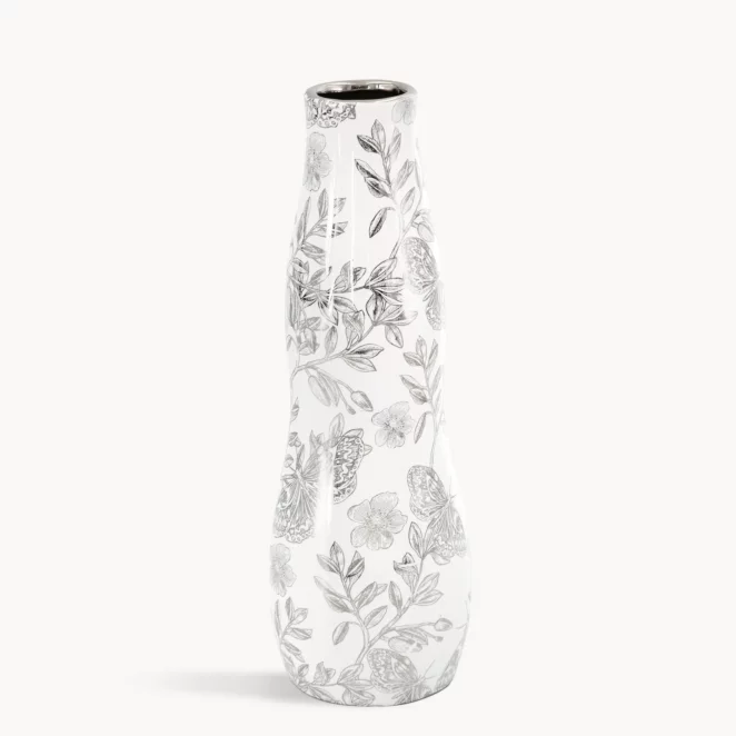 Wazon dekoracyjny biało, srebrny zdobiony roślinnym wzorem 10x30 cm RITA