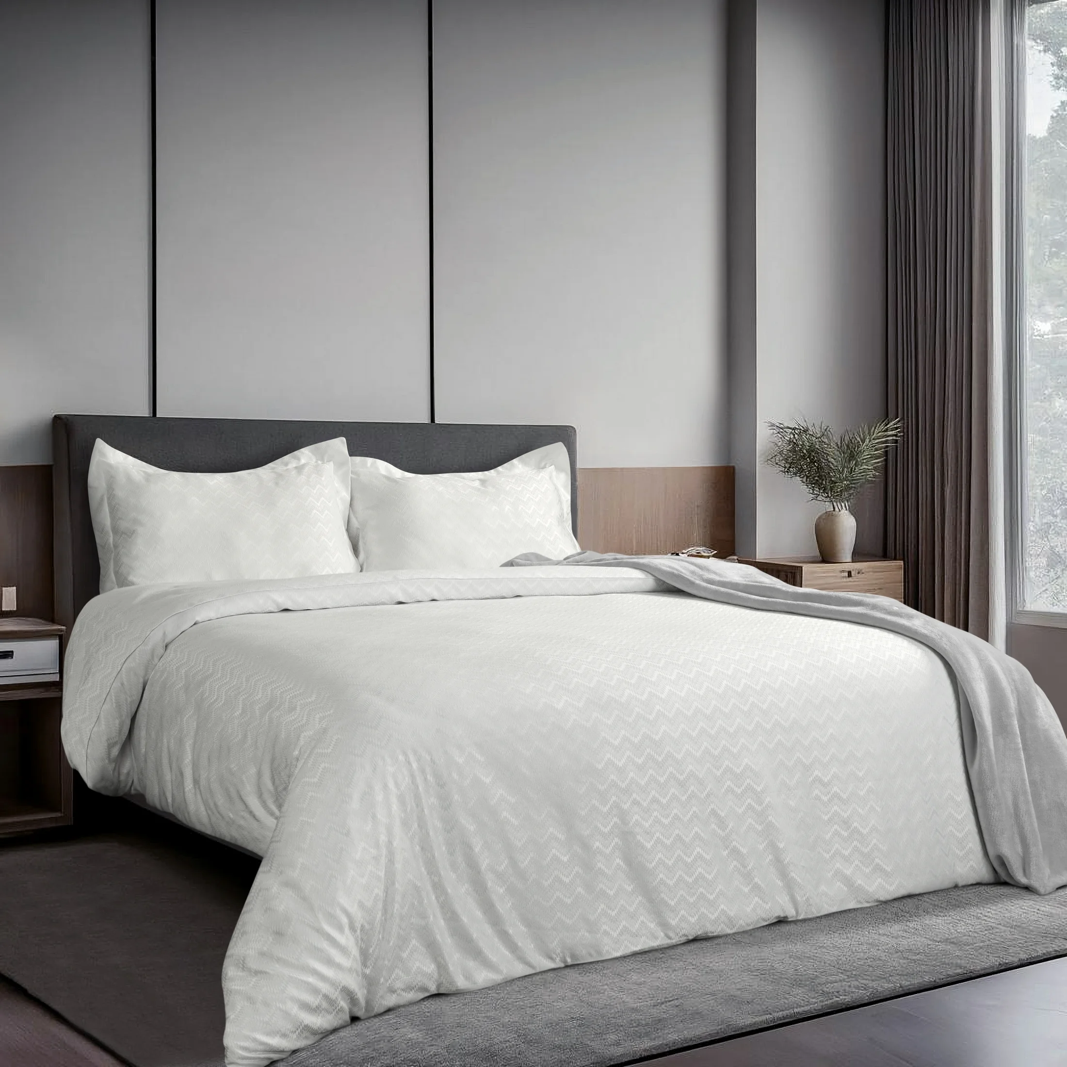 Pościel 160x200 cm z wiskozy bambusowej kolor biały zdobiona żakardowym geometrycznym wzorem BAMBO | eurofirany