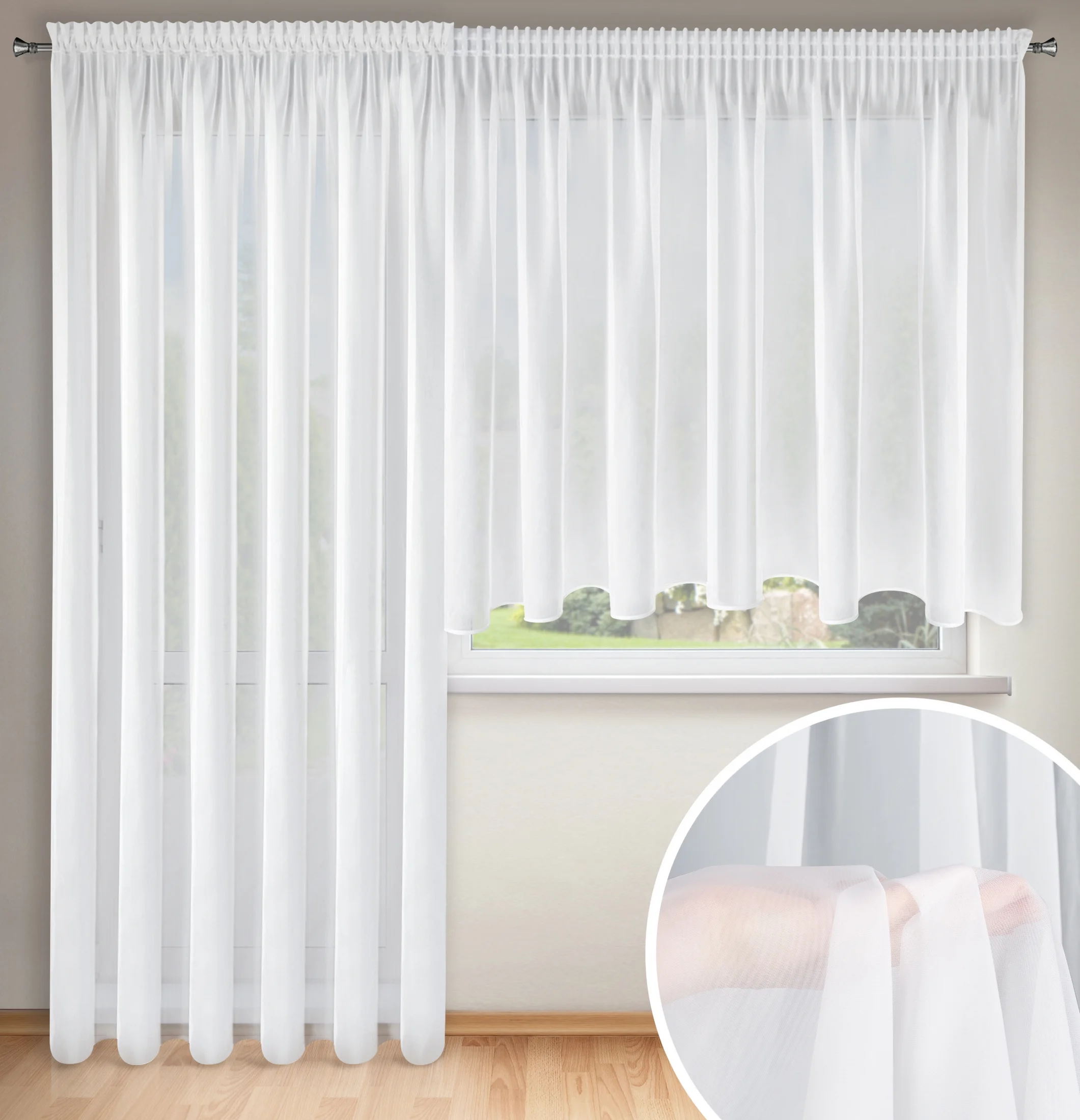 Komplet białych firan 2szt z gładkiego woalu na okno i drzwi balkonowe 400x145 cm / 200x245 cm taśma AGA | eurofirany