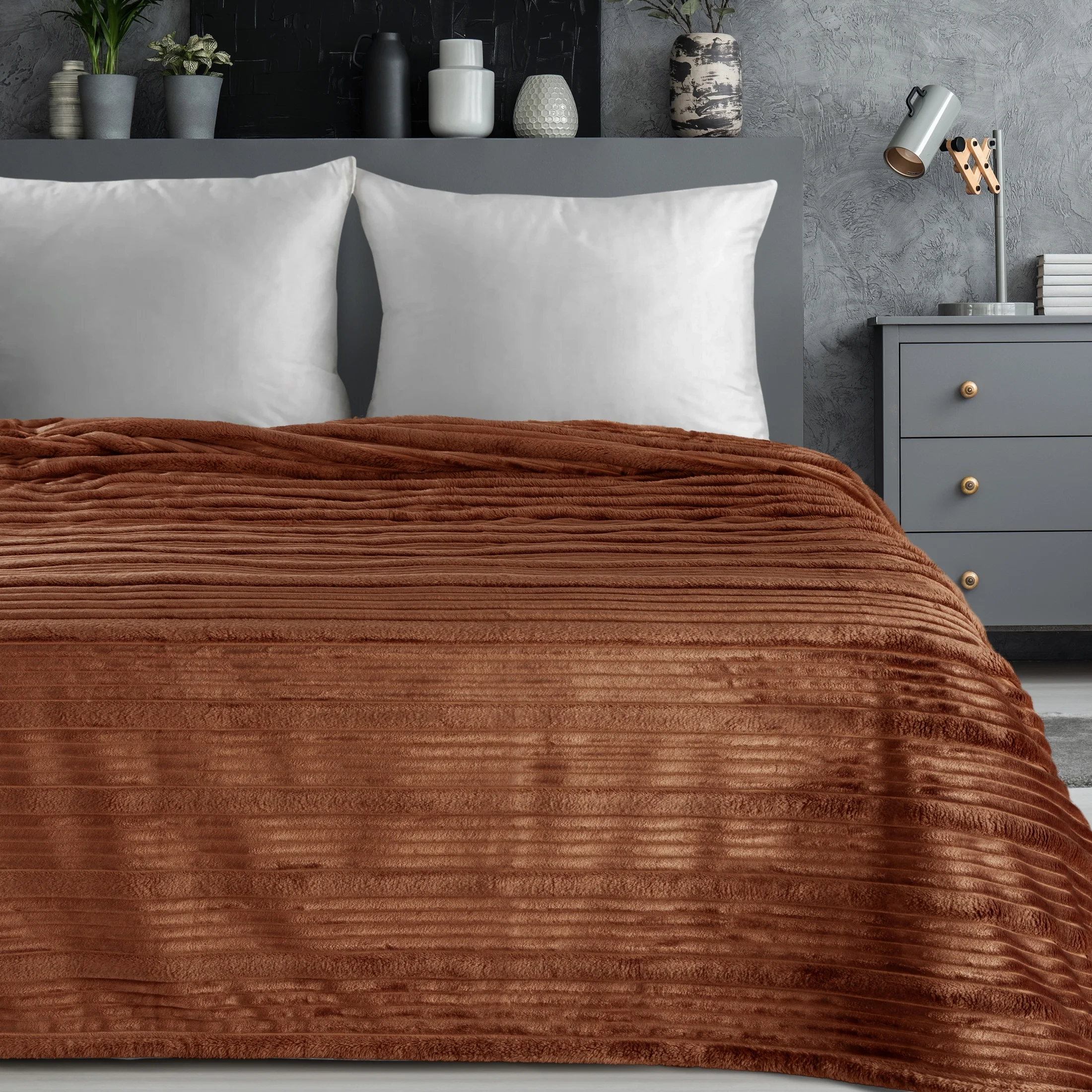 Koc 200x220 cm ceglasty, typu flano z wzorem 3D NINA