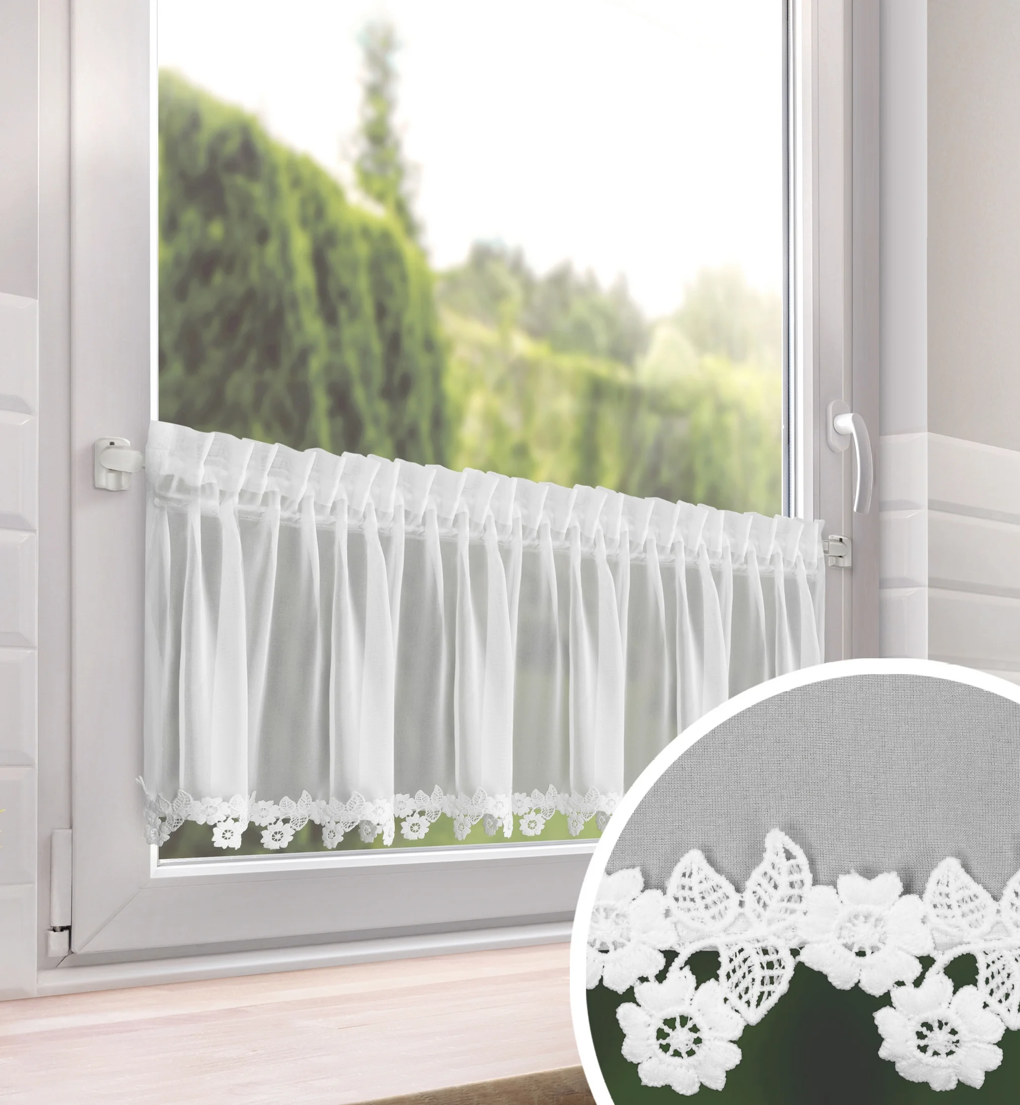 Zazdrostka biała z szyfonu zdobiona haftowaną aplikacją 30x150 cm taśma - LILI