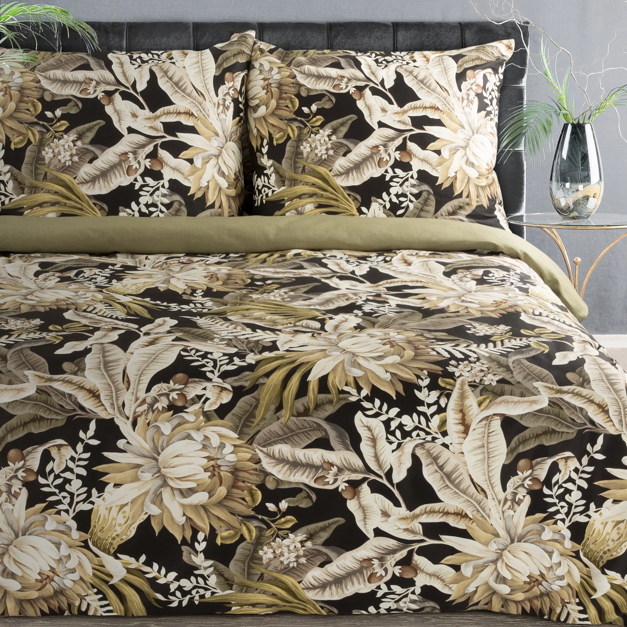 Pościel 160x200 cm bawełniana kolor czarny, brązowy zdobiona nadrukiem liści DIVA |