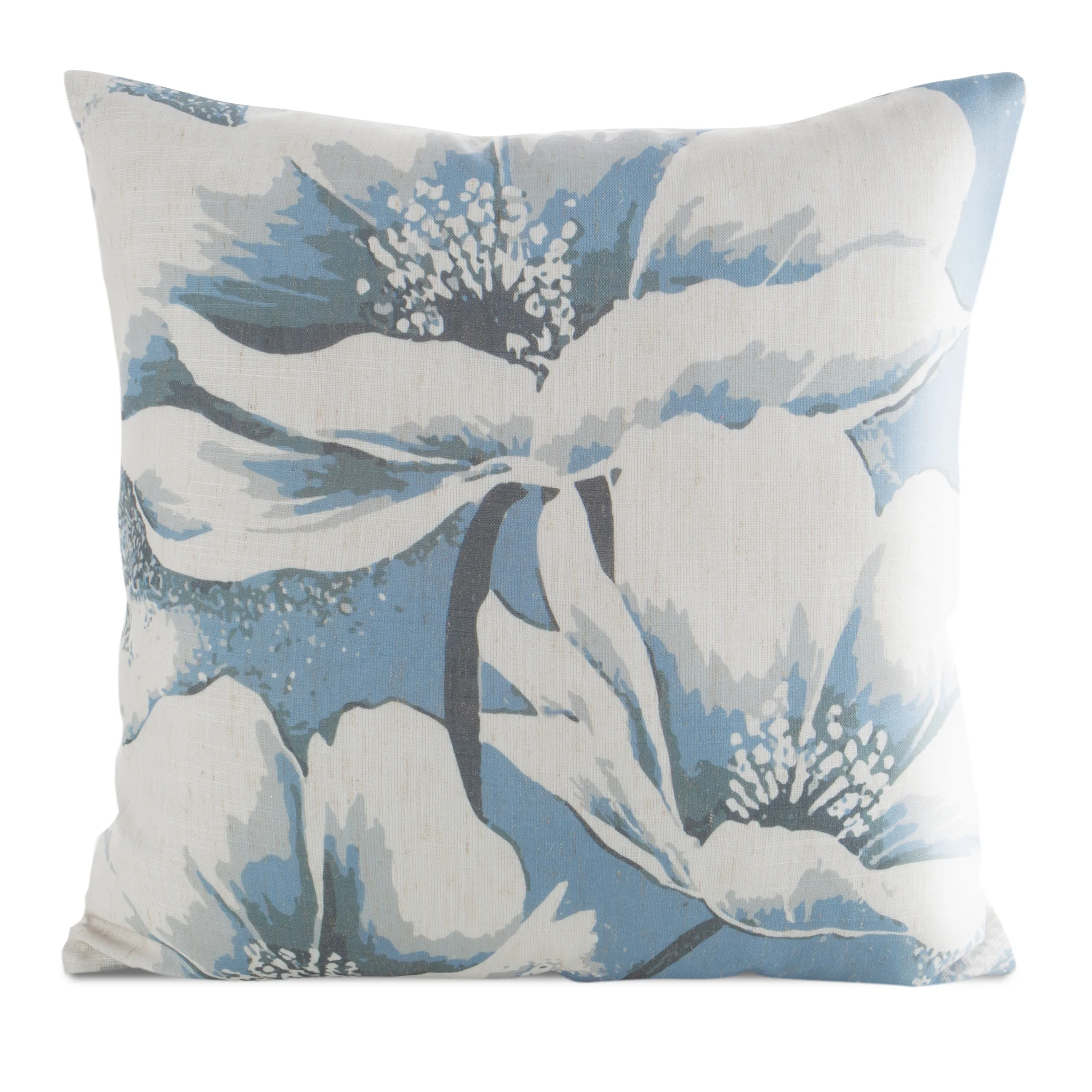 Poszewka na poduszkę 45x45 cm o strukturze lnu z nadrukiem subtelnych kwiatów kremowo, niebieska LEN | eurofirany