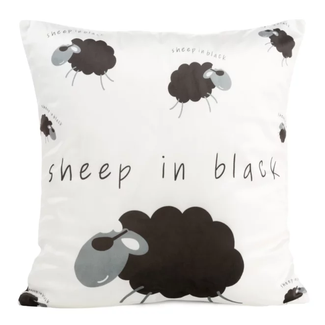 Poszewka na poduszkę 45x45 cm welwetowa biało, czarna z motywem baranków KIDS 5 DESIGN 91