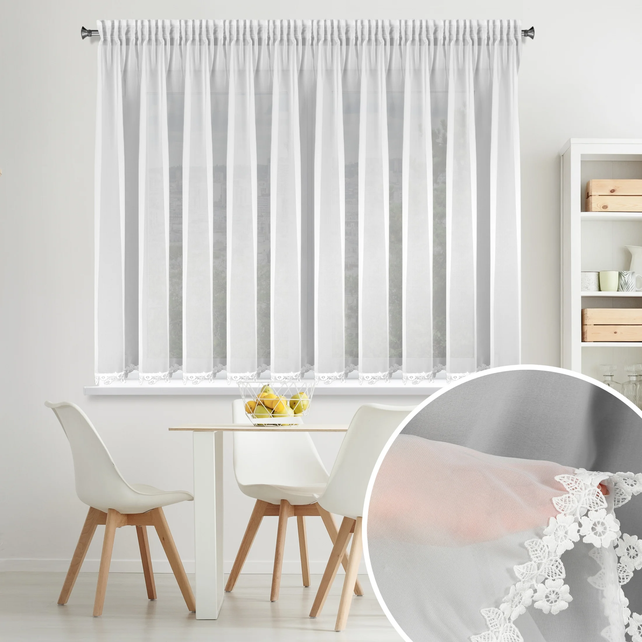 Firana biała z szyfonu zdobiona haftowaną aplikacją 400x145 cm taśma - LILI | eurofirany