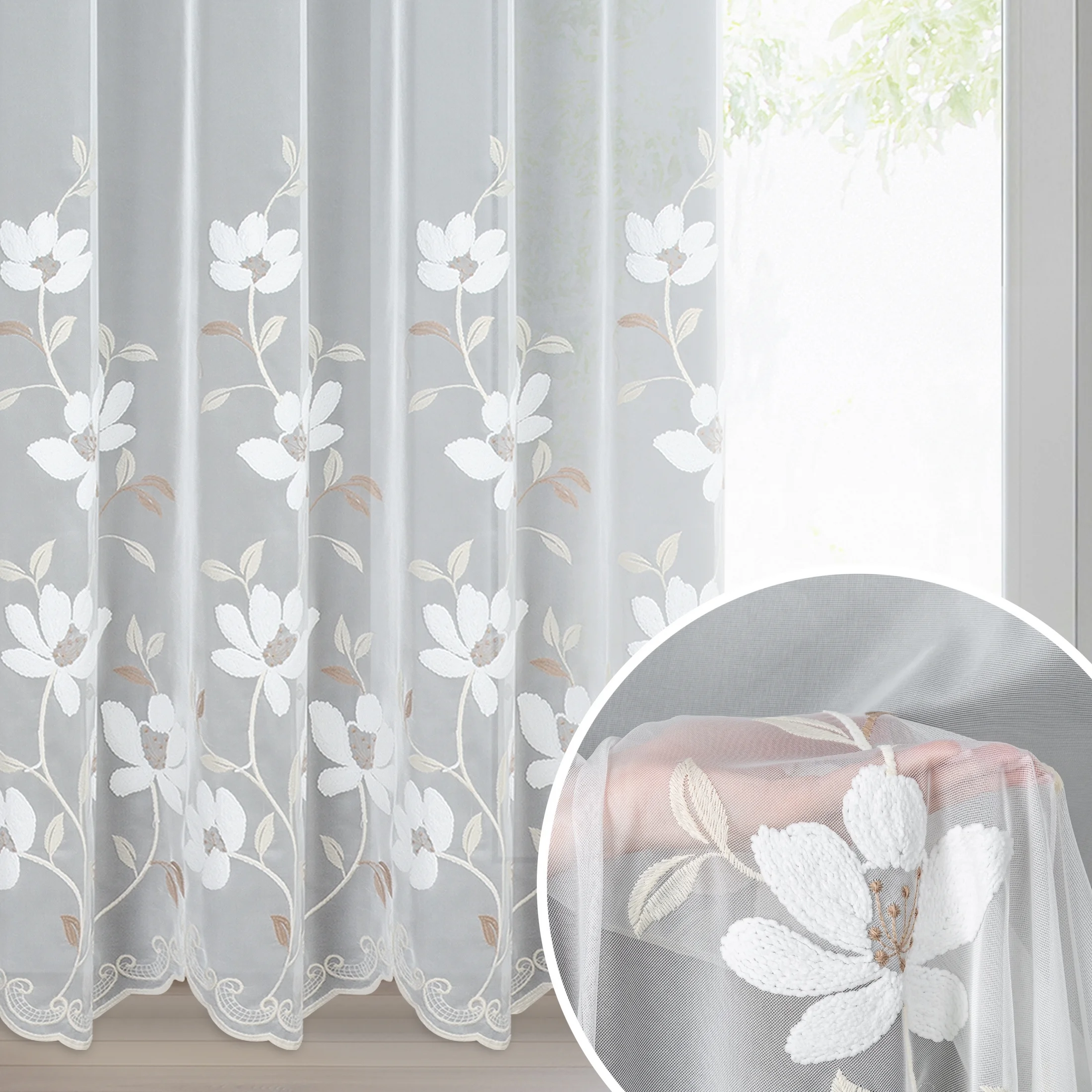 Firana biało, brązowa SANDI z tkaniny typu peru zdobiona haftem 350x250 cm przelotka - SANDI | eurofirany