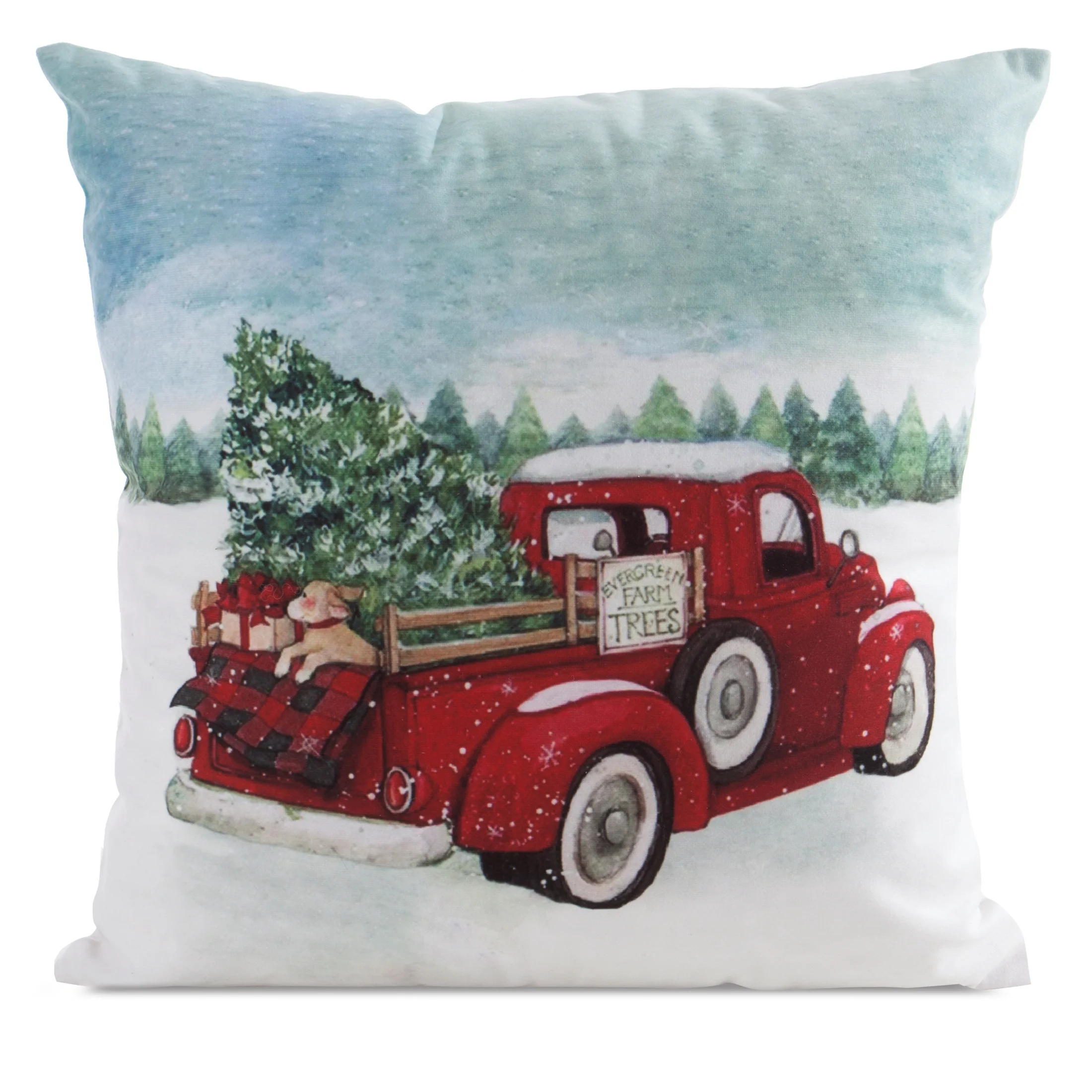 Poszewka na poduszkę 45x45 cm welwetowa czerwono, zielona zdobiona uroczym autkiem świątecznym | eurofirany