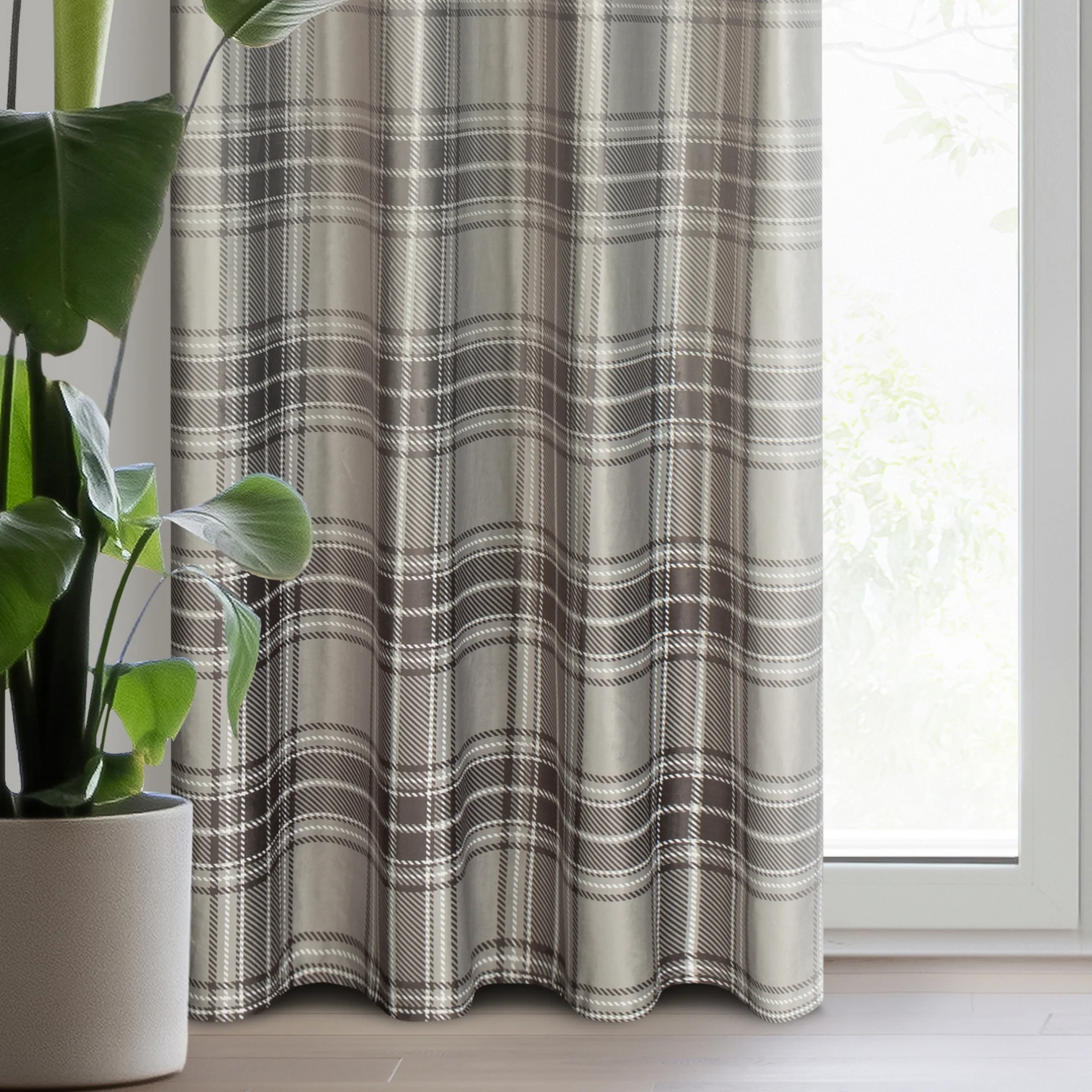 Zasłona beżowa w kratę z miękkiego welwetu 140x250 cm przelotka - HOLLY | eurofirany