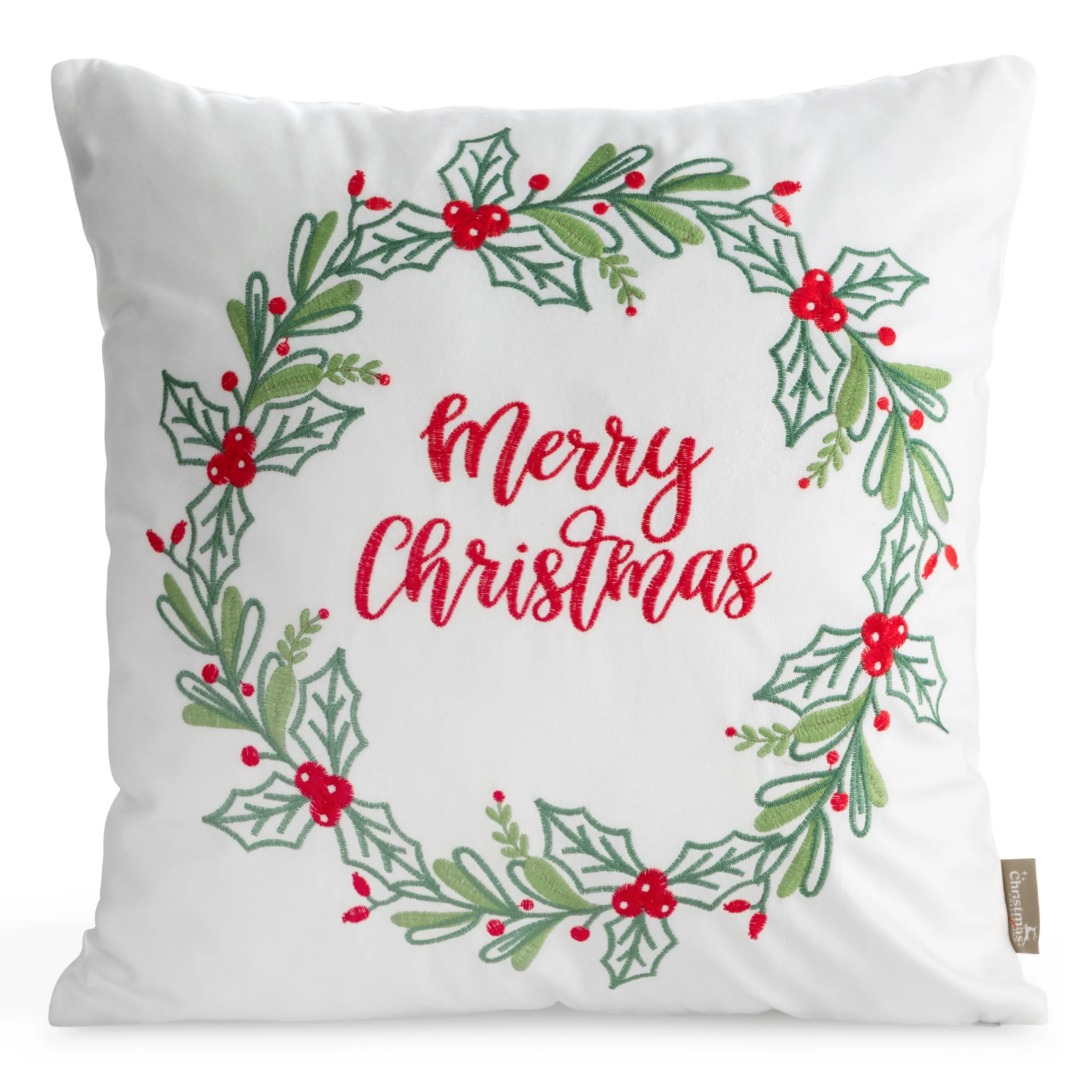 Poszewka na poduszkę świąteczna 45x45 cm welwetowa biało, zielona zdobiona haftem | eurofirany