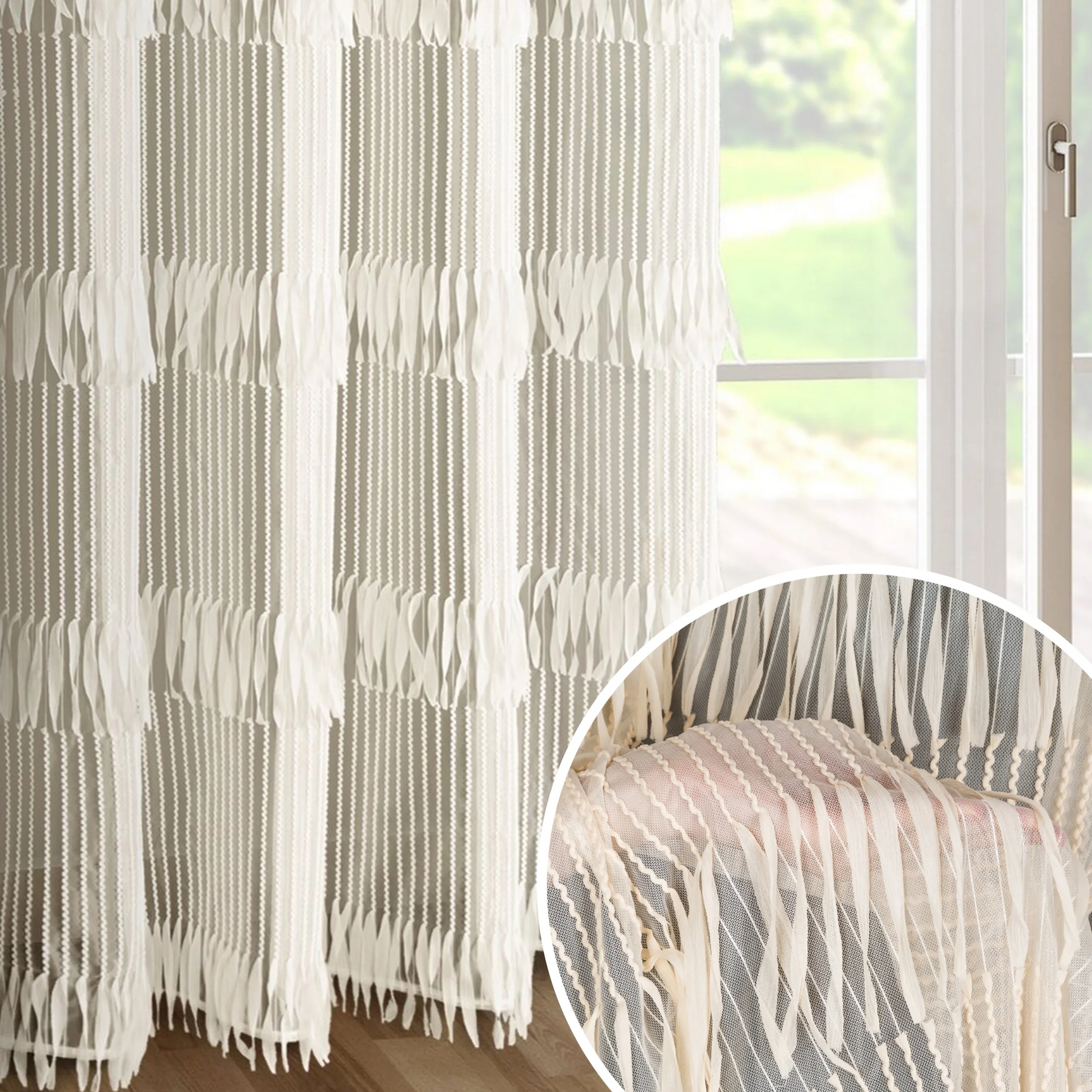 Zasłona jasnobeżowy zdobiona fantazyjnym wzorem 140x250 cm przelotka - SOTERA - Eva Minge