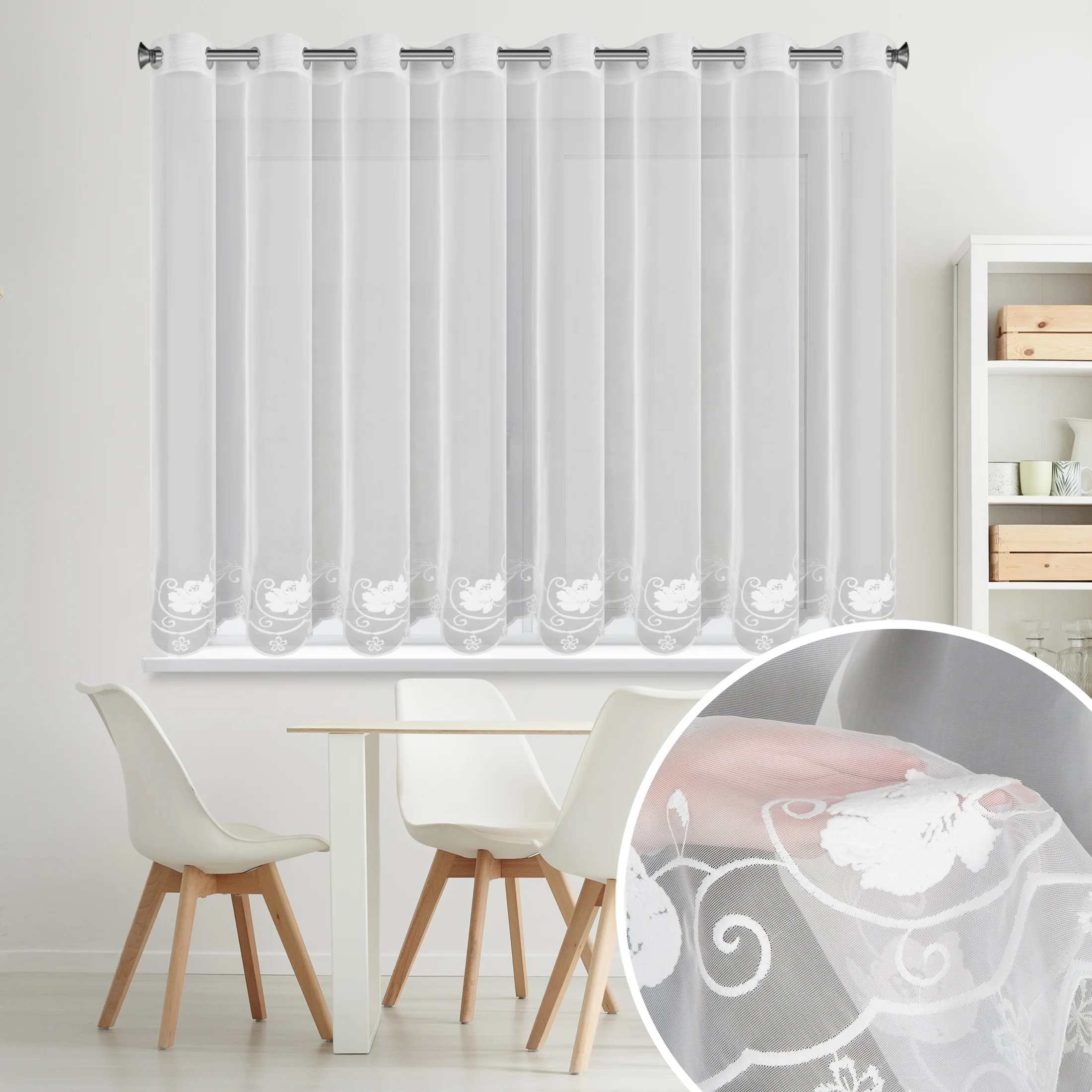 Firana biała z drobnej siateczki zdobiona subtelnym haftem 350x160 cm przelotki - LETI | eurofirany