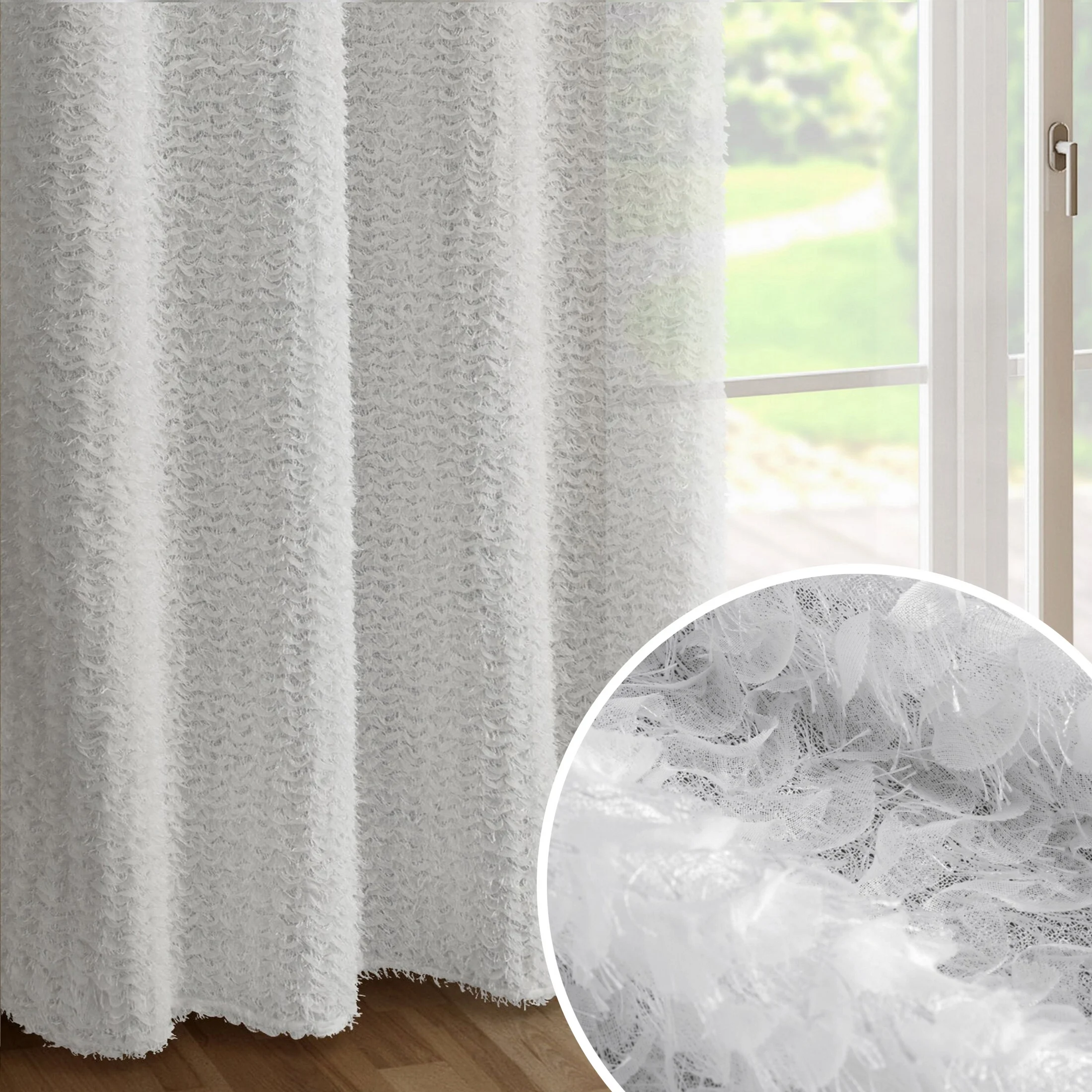 Zasłona biała zdobiona moherową nicią i subtelnymi falbanami 135x250 przelotka - TIFFANY - Eva Minge | eurofirany