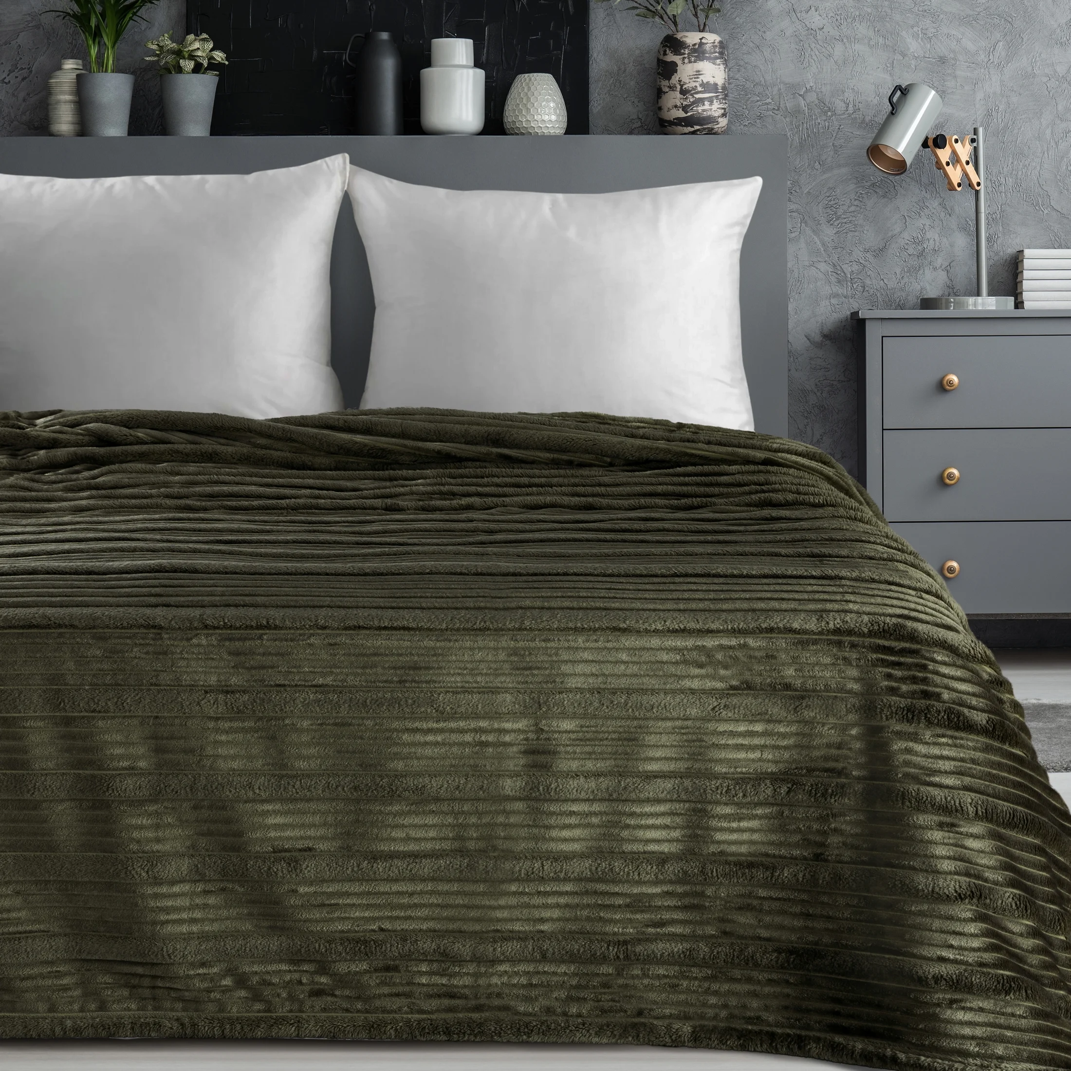 Koc 200x220 cm oliwkowy, typu flano z wzorem 3D NINA