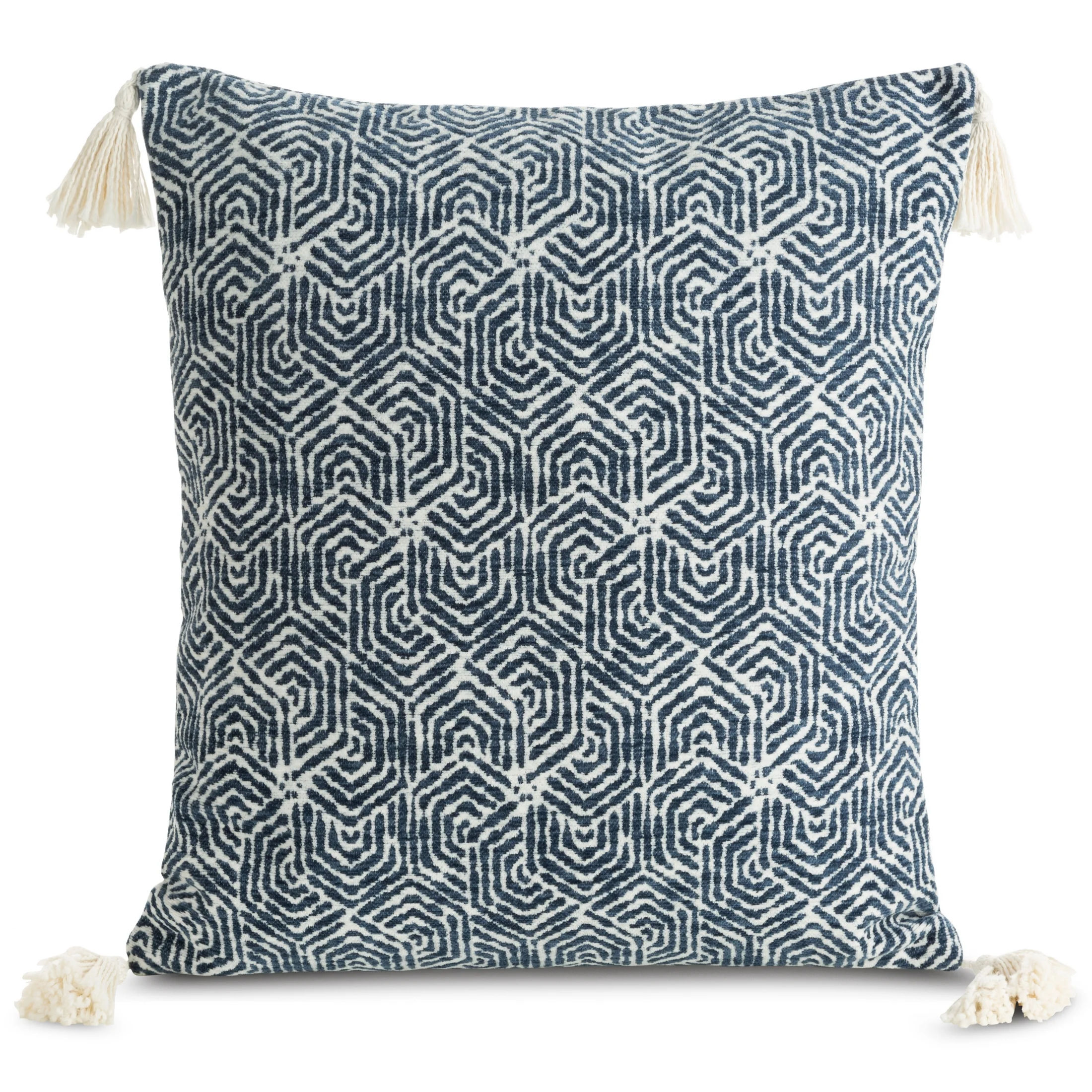 Poszewka na poduszkę 45x45 cm granatowo, kremowa w stylu boho zdobiona chwostami na rogach poszewki FABIA | 