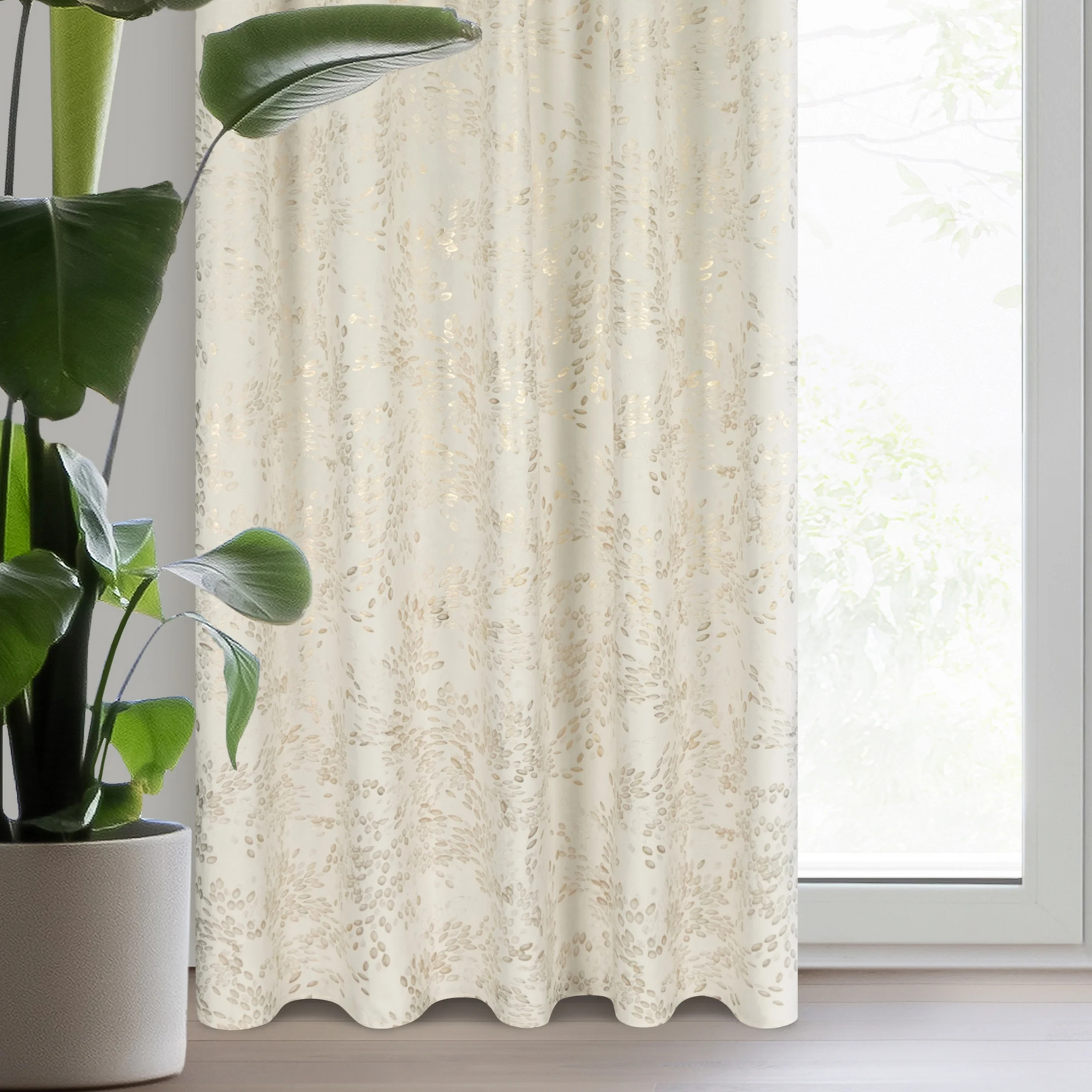 Zasłona welwetowa kremowa zdobiona nadrukiem liści 140x270 cm taśma - FELIS | eurofirany